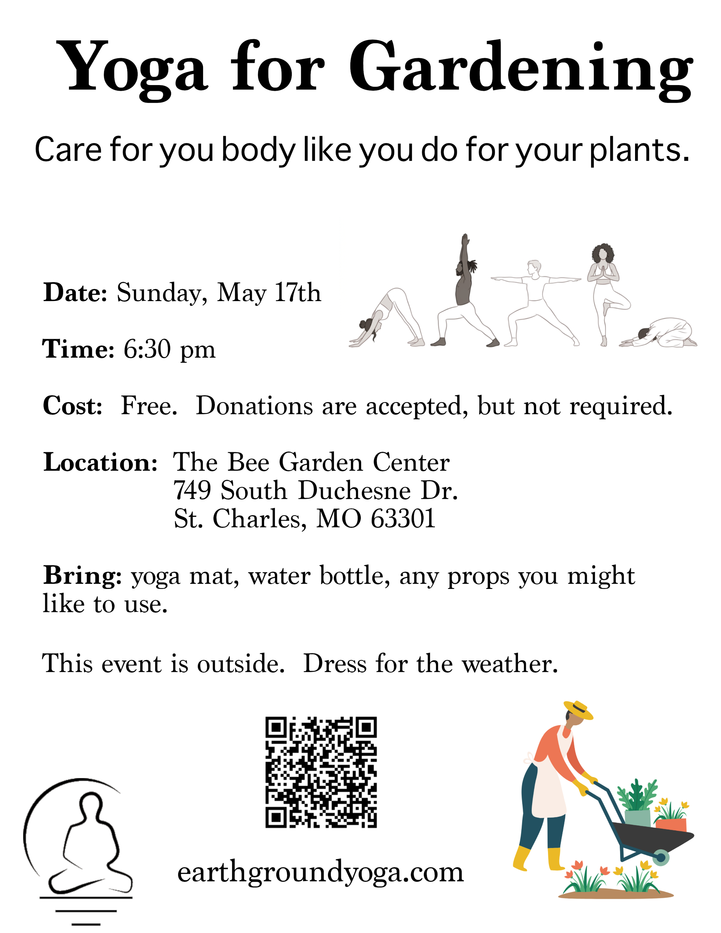 Flyer for outdoor yoga event with illustrations of people practicing yoga and a gardener planting in a garden.