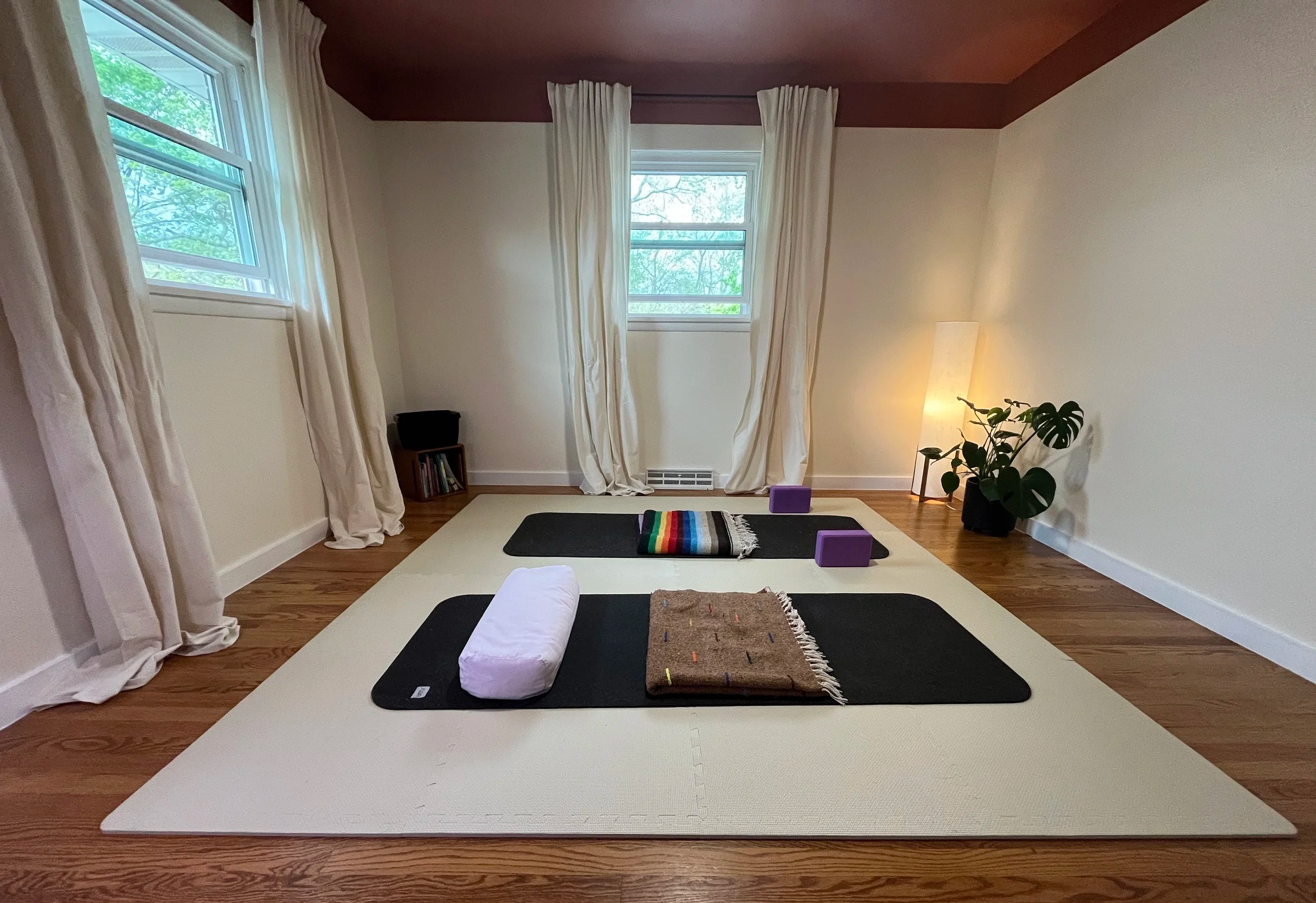 Yoga and meditation space with two black mats, one with a white bolster, a brown woven blanket with colorful accents, a rainbow-striped towel, two purple yoga blocks, a tall floor lamp with a potted plant, and windows with white curtains and a view of trees outside.