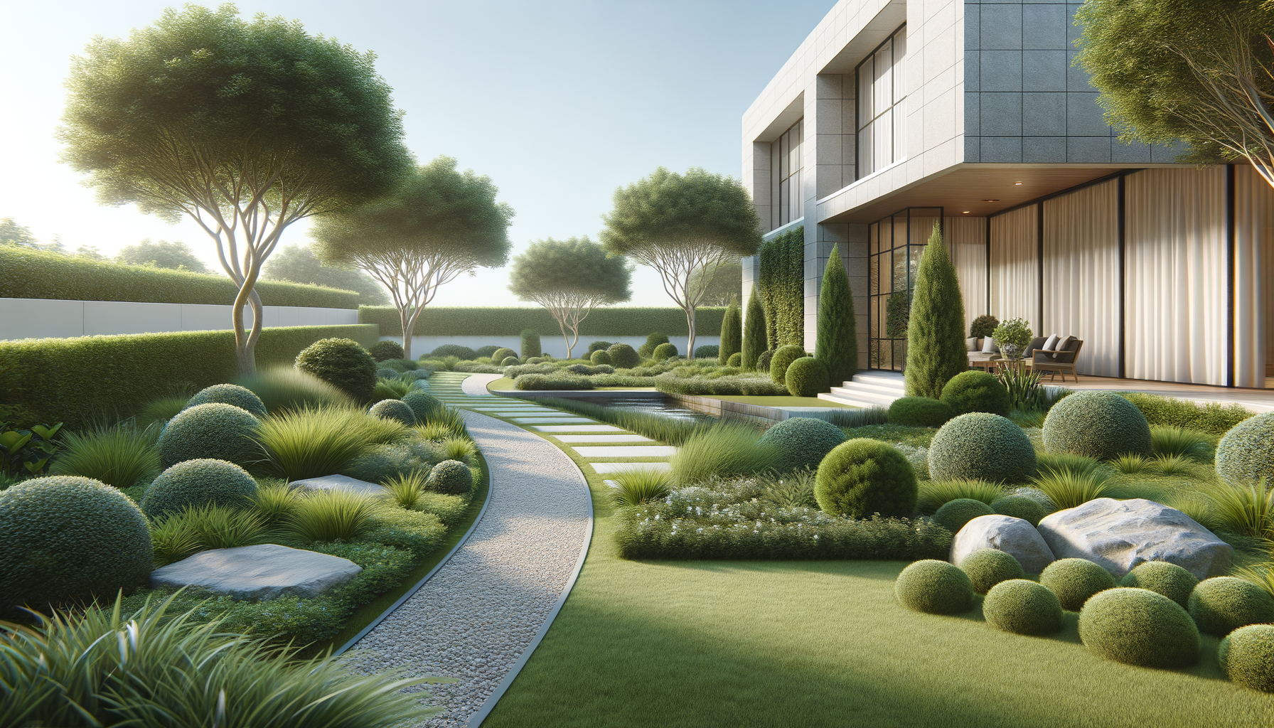 Modern house exterior with large windows and a landscaped garden featuring trees, bushes, rocks, and a pathway.