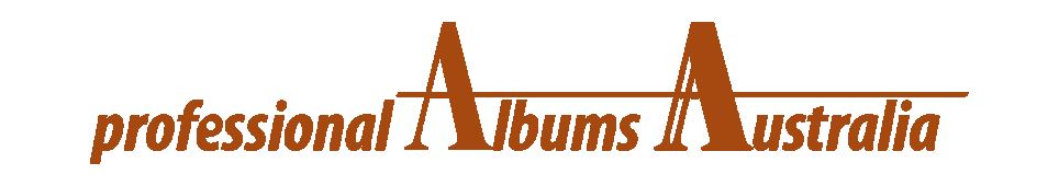 Logo of professional Australian albums, with the words 'professional Albums Australia' in brown over a black background.