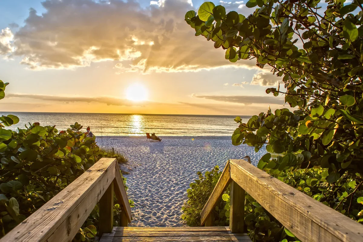 Sunset over the ocean viewed from a sandy beach with wooden stairway leading down to the sand, flanked by green foliage.