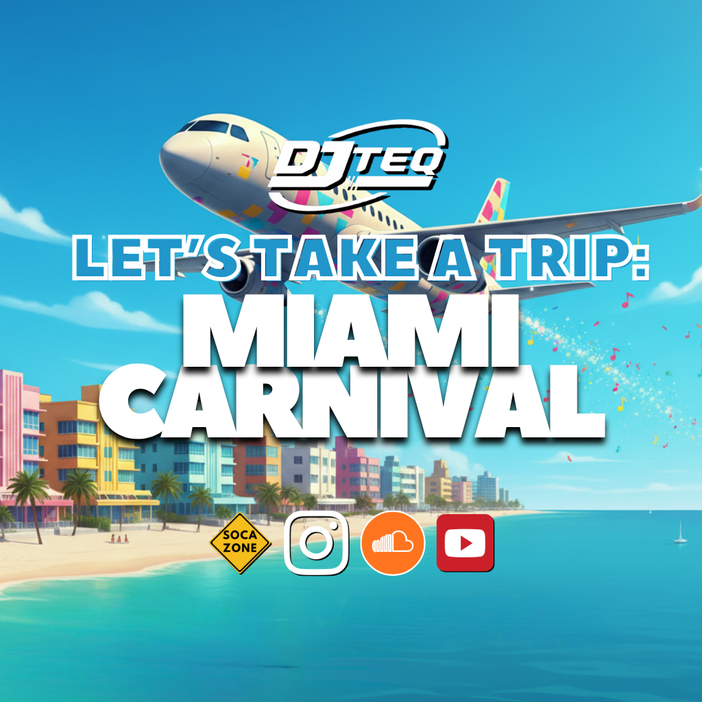 An airplane flying over the Miami beach skyline with colorful buildings and palm trees, promoting a trip to Miami Carnival with DJ TEQ logo and social media icons.