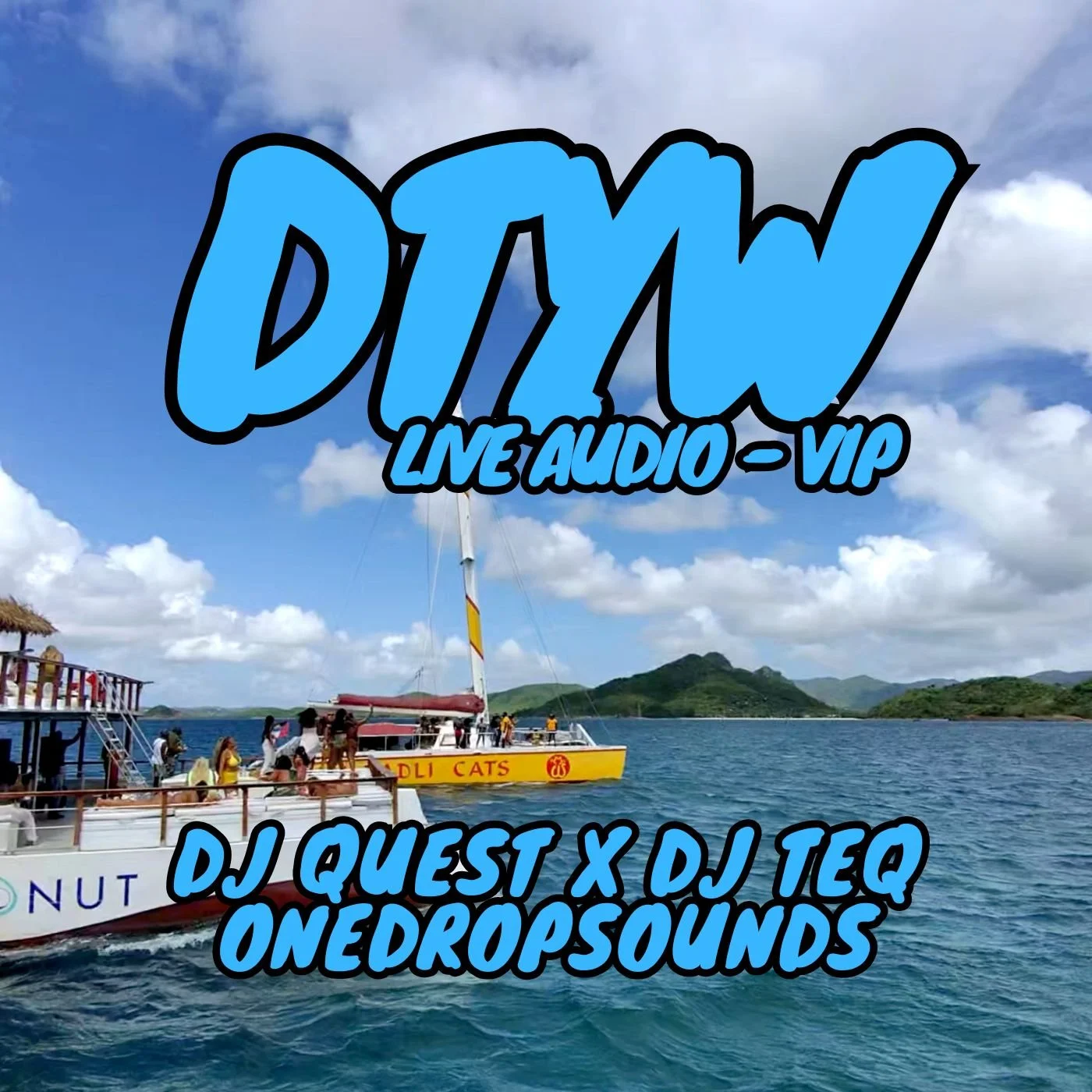 A boat on the water with people on board and island scenery in the background, overlaid with text promoting a music event.