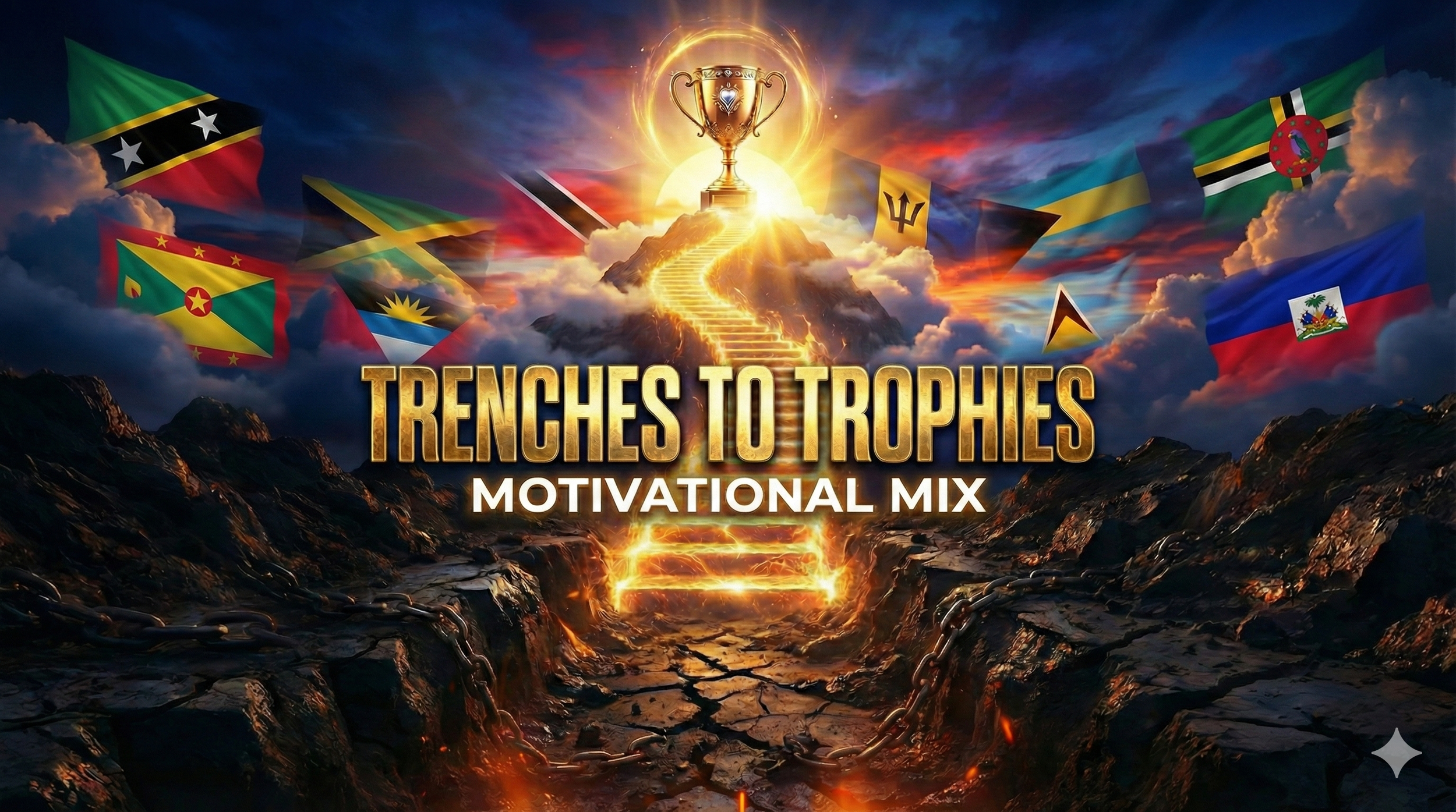 A digital fantasy scene with a mountain in the clouds, a glowing staircase leading to a trophy cup at sunset, surrounded by flags of various Caribbean countries, symbolizing achievement and motivation.