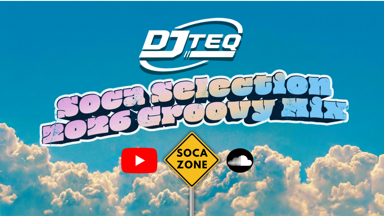 Sky with clouds, DJ TEQ logo, colorful graffiti-style text saying 'Social Selection 2022 Gpromo' with YouTube and SoundCloud icons, and a yellow road sign that says 'SOCA ZONE'.