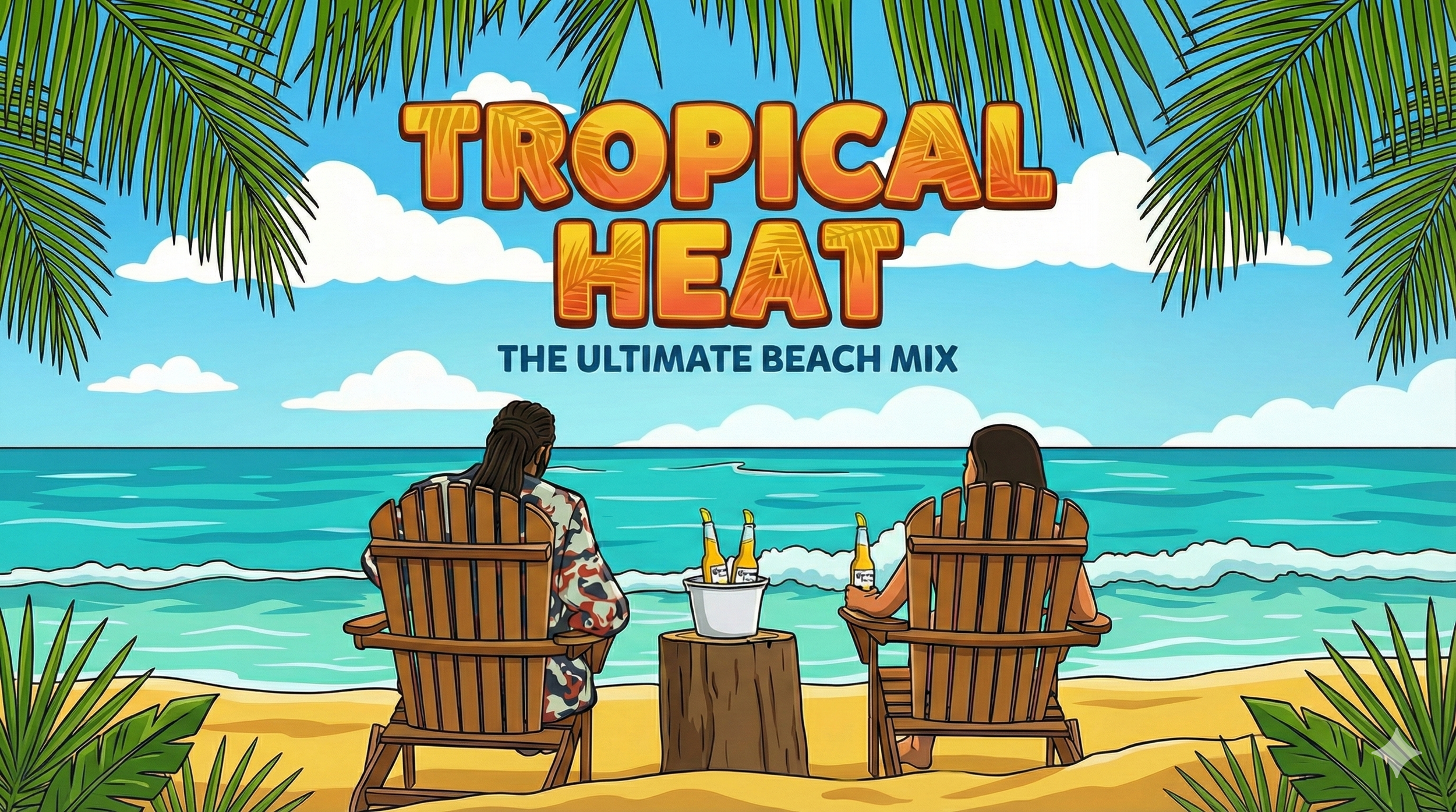 Illustration of two people sitting on beach chairs facing the ocean under palm trees with a bucket of bottled drinks between them, promoting a tropical beach party.
