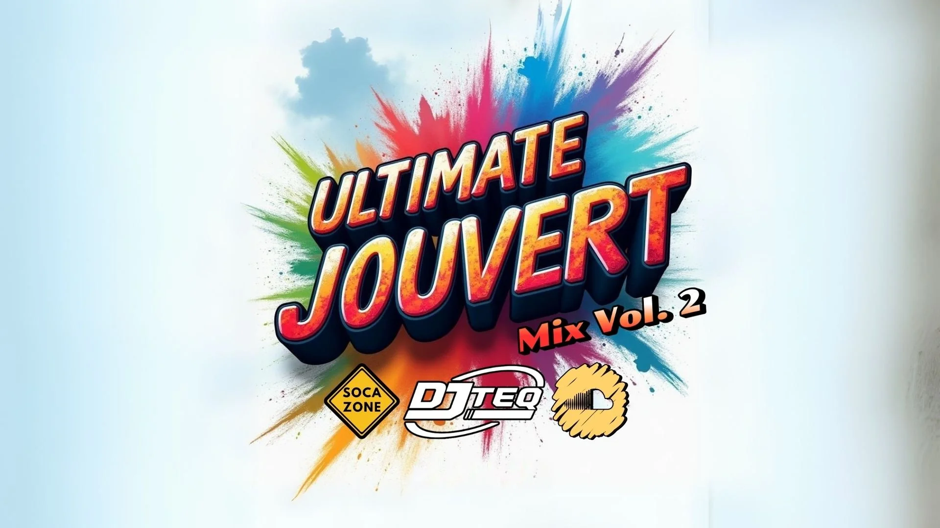 Colorful splash background with the text 'Ultimate Jouvert Mix Vol. 2' and logos for Soca Zone, DJ TEC, and a head of a lion.