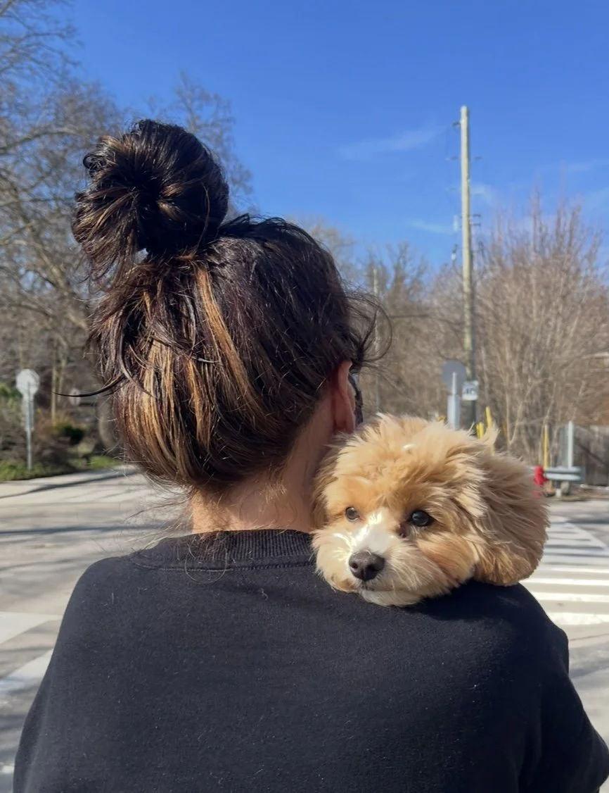 A woman with her dark hair in a messy bun is holding a small tan puppy with fluffy fur on her shoulder outside on a sunny day, with a blue sky and leafless trees in the background.