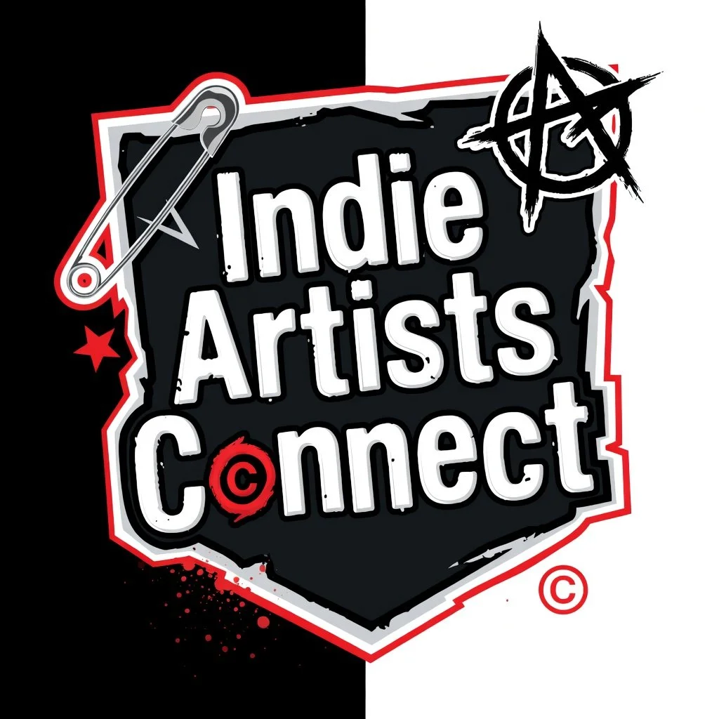 Logo for Indie Artists Connect featuring a black and white split background, with a white shield outlined in red, a safety pin, a red star, a pentagram, and copyright symbols, and the text 'Indie Artists Connect' in bold white letters.
