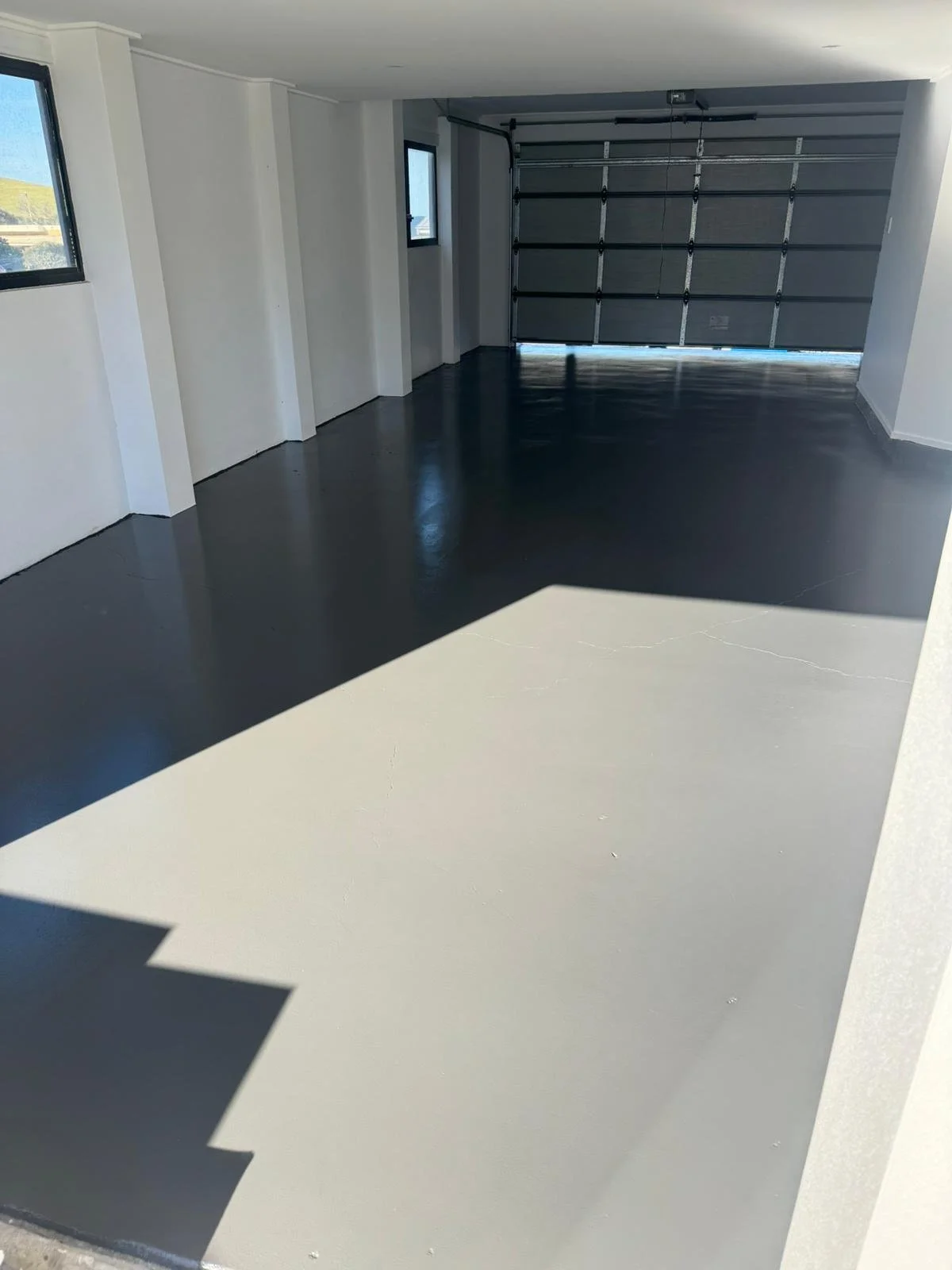 Empty garage with dark flooring, two small windows, and a closed garage door.