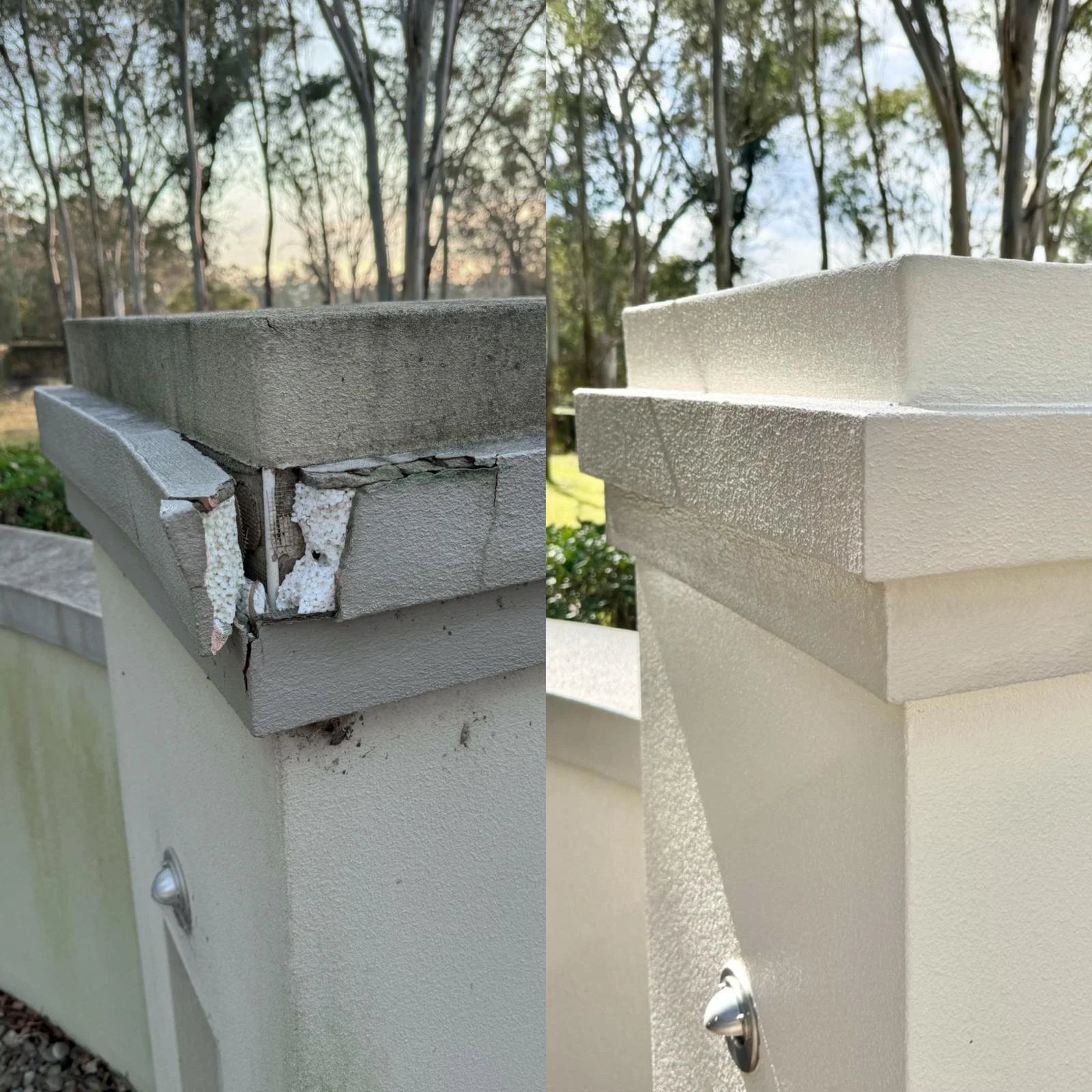 Comparison of a damaged and repaired exterior rendered wall corner with brick molding, showing the before and after repair process.