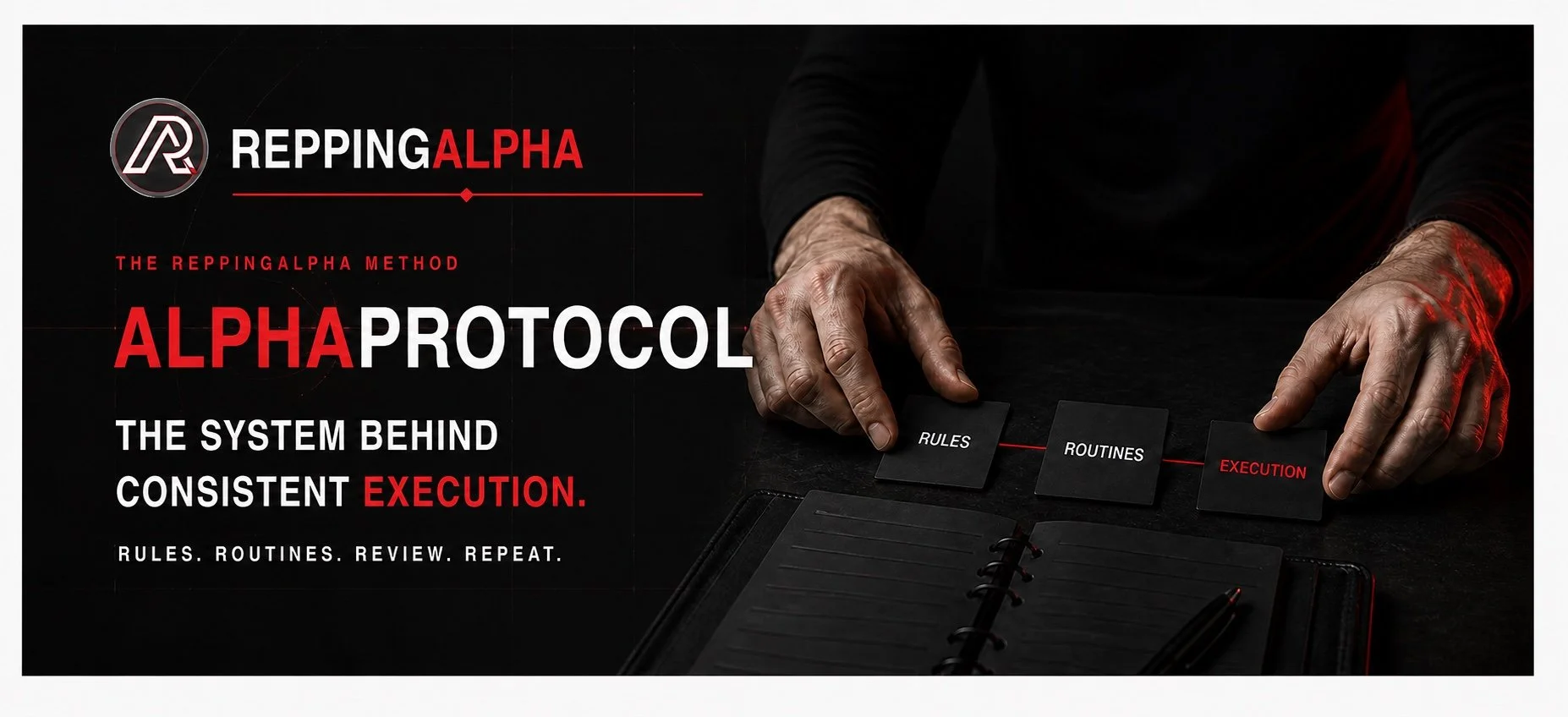 AlphaProtocol banner showing hands organizing Rules, Routines, and Execution cards beside a planner.