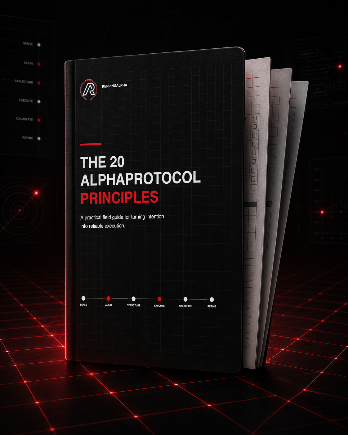 A book titled "The 20 Alphaprotocol Principles" by ReppingAlpha with a dark, high-tech background and red grid pattern on the floor.