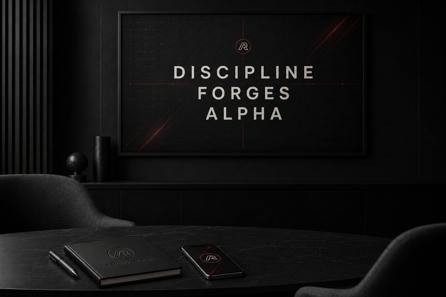 A dark conference room with a large screen displaying the words 'Discipline Forges Alpha' and an emblem. On the table, there is a notebook labeled 'RIPPING ALPHA,' a pen, and a smartphone with a matching logo, all in a sleek black color scheme.