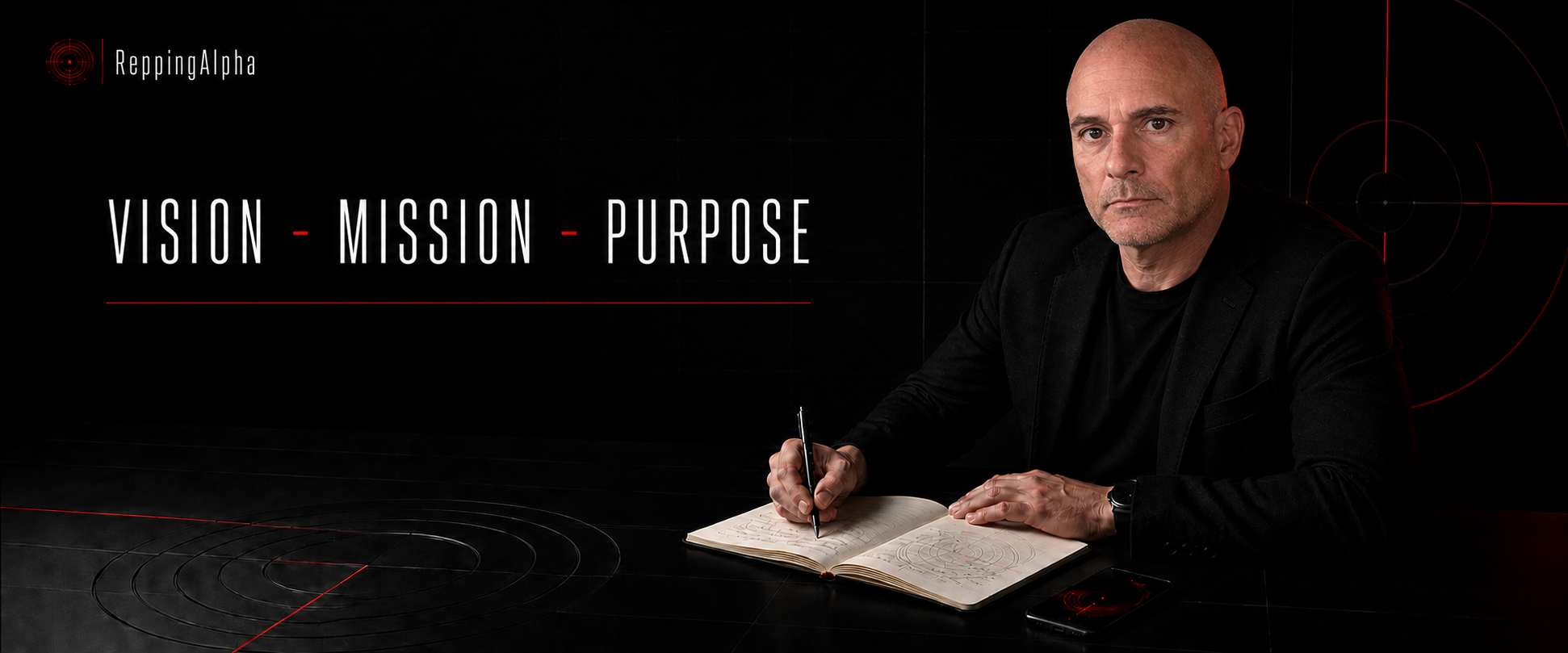 A man with a shaved head and wearing a black jacket sitting at a dark table, writing in a notebook with a pen, with the words "VISION - MISSION - PURPOSE" and the logo "ReppingAlpha" on a dark background.