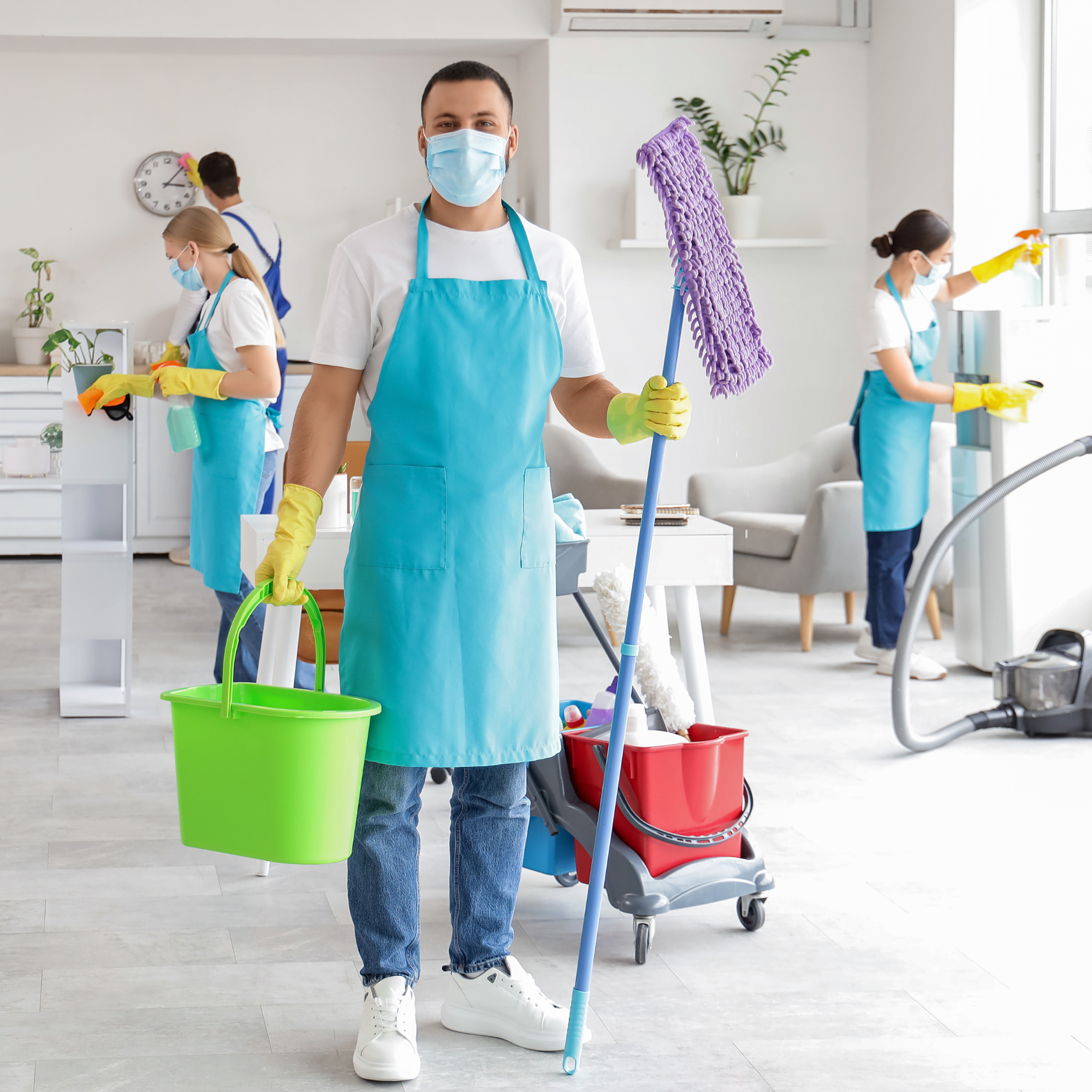 Cleaning staff in masks and gloves cleaning a living room, with one person holding a mop and a bucket, and others cleaning windows and surfaces.