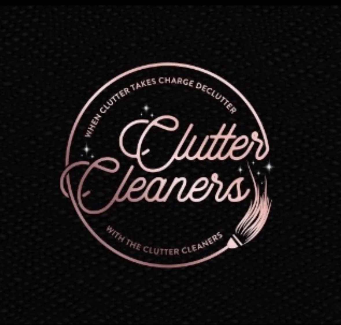 Logo for 'Clutter Cleaners' featuring a pink circular design with text, a dust brush illustration, and stars on a black textured background.