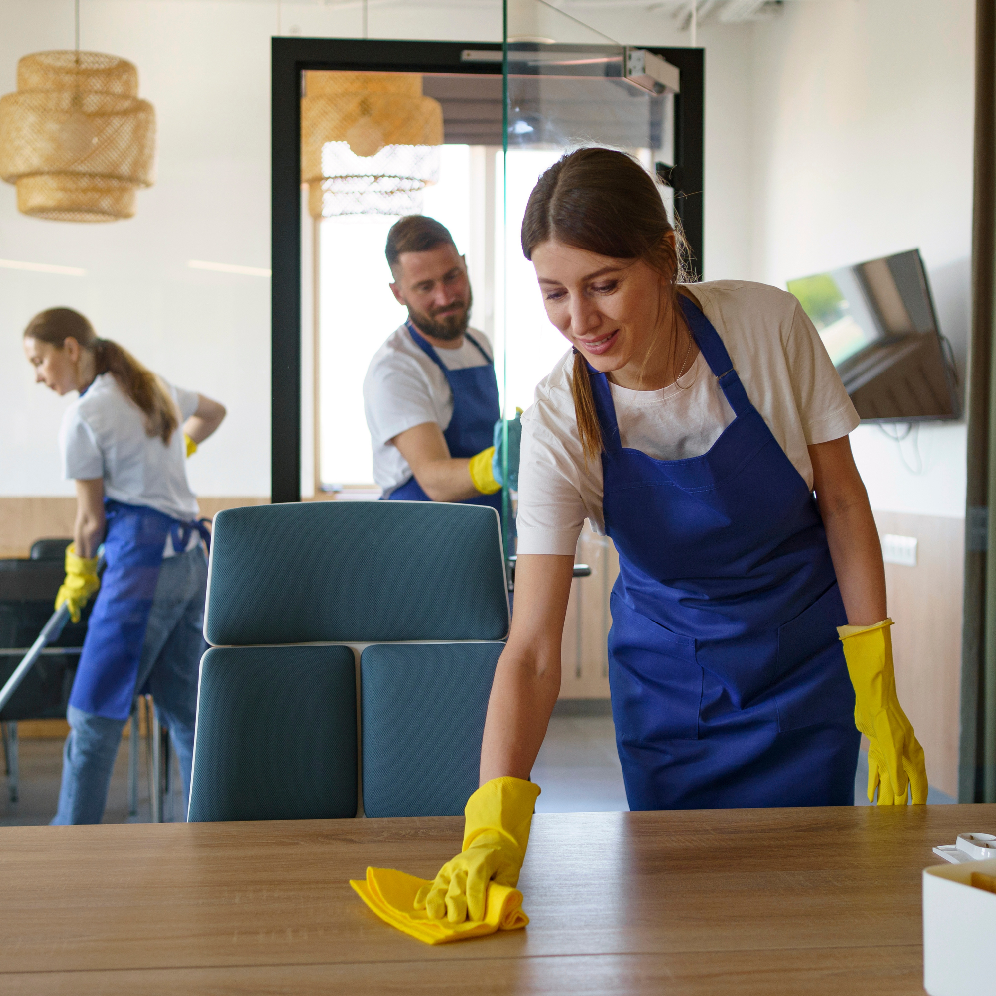 Three people cleaning in a modern office, two women and one man, all wearing blue aprons and yellow gloves, with cleaning supplies visible.