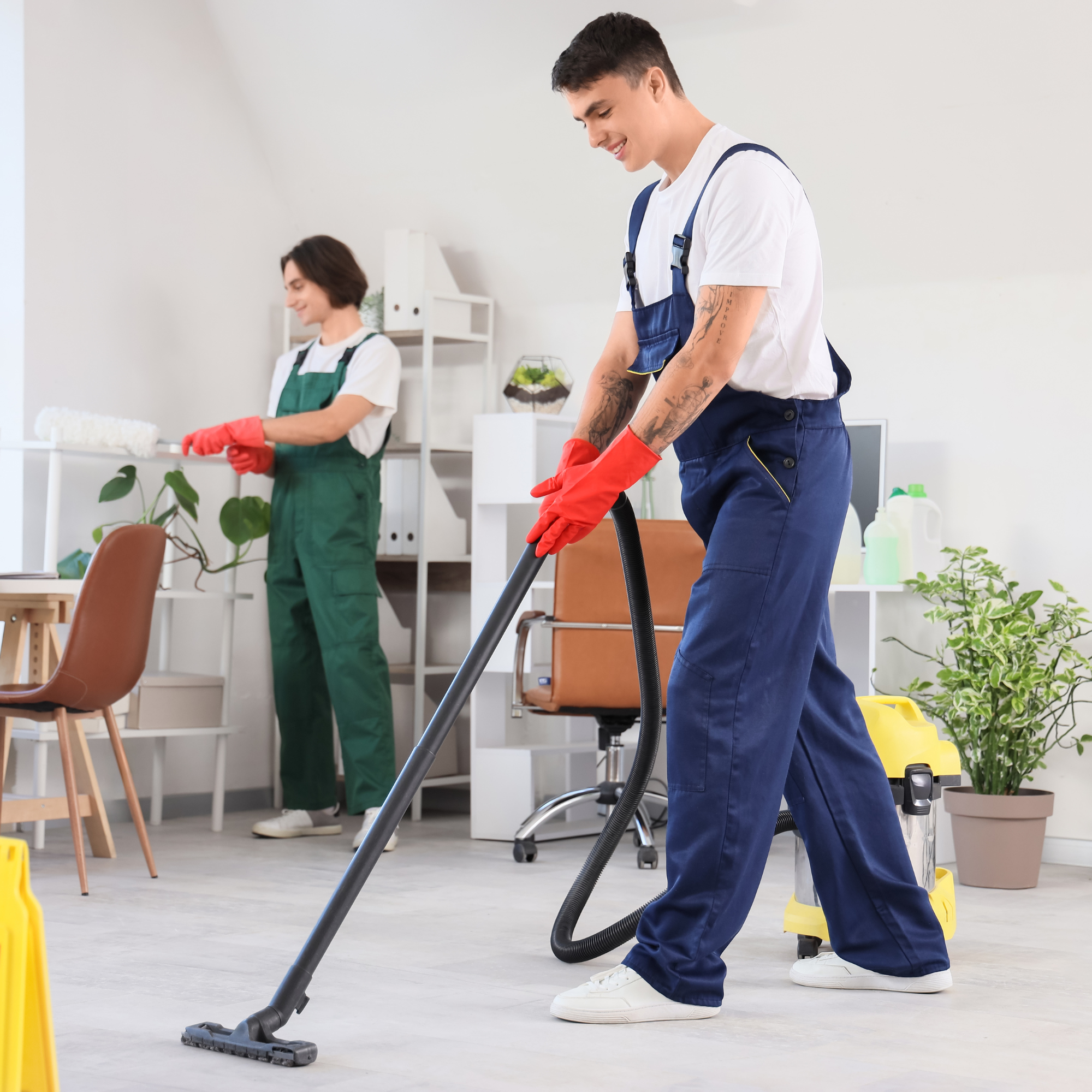 Young man in blue scrubs and red gloves vacuuming a clean office space with a woman in green scrubs in the background.