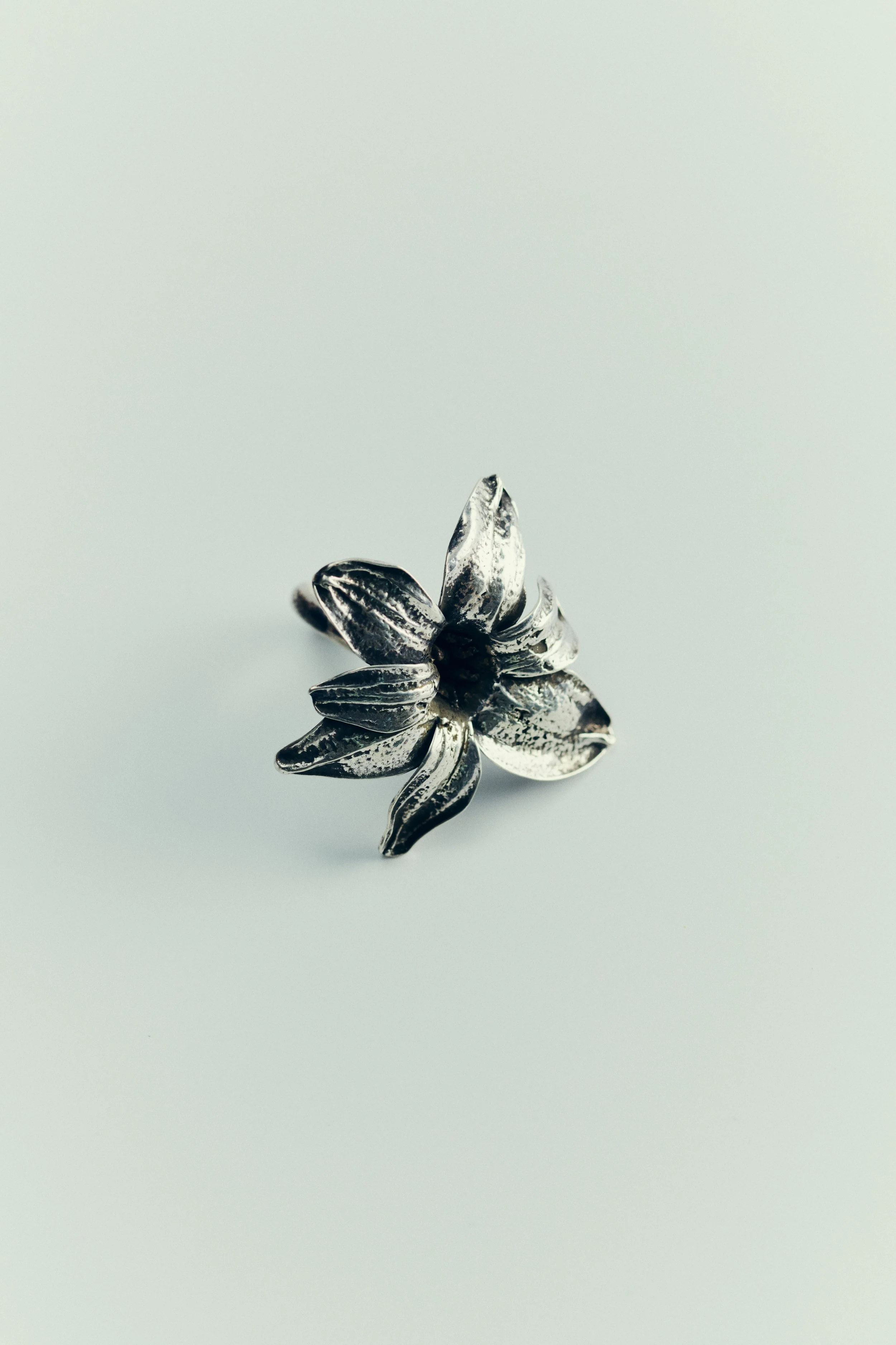 Close-up of a shiny silver flower-shaped ring against a plain light background.