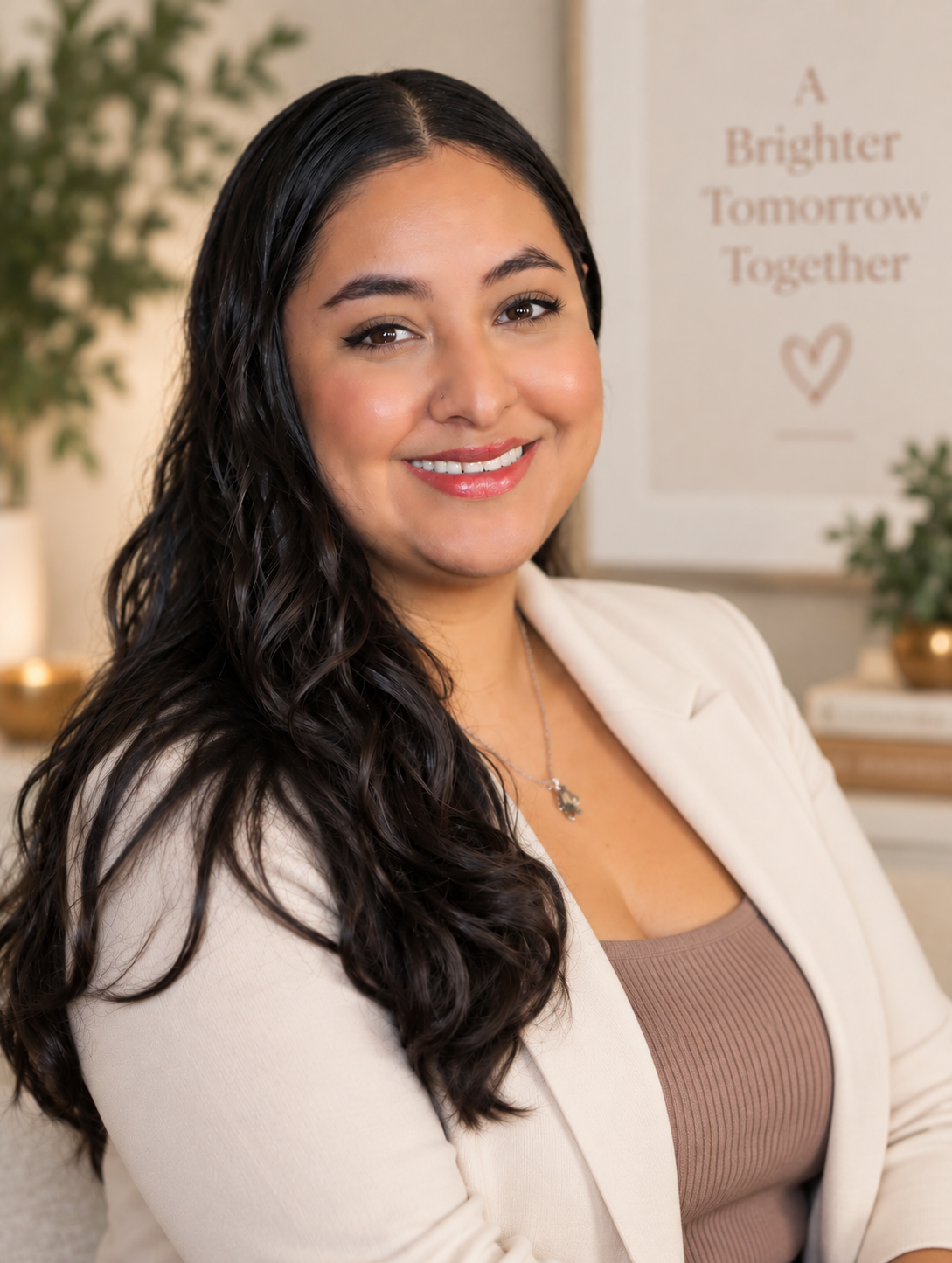 A smiling woman with long, curly dark hair wearing a beige blazer and a taupe ribbed top, sitting in a cozy, decorated space with a sign that reads "A Brighter Tomorrow Together" and some plants in the background.