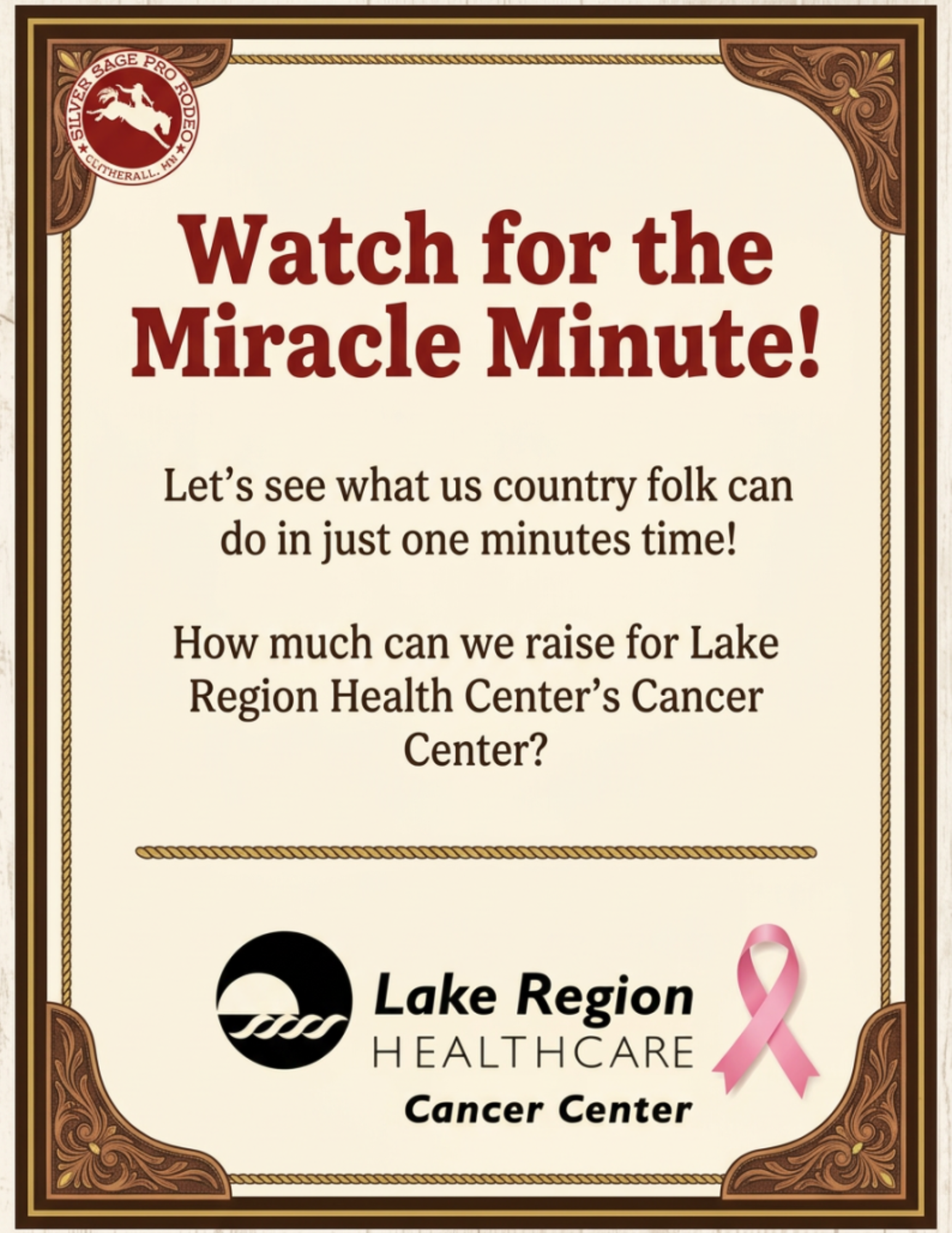 A promotional poster encouraging viewers to watch a 'Miracle Minute' and raise funds for Lake Region Healthcare's Cancer Center, featuring the Lake Region Healthcare logo and a pink ribbon symbol.