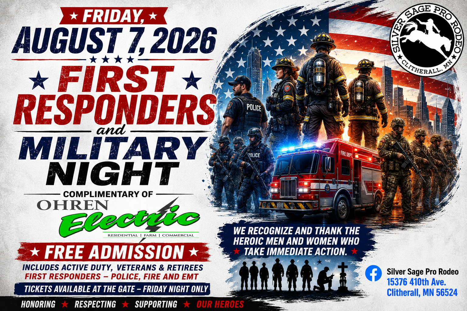 Poster promoting an event for first responders and military personnel on Friday, August 7, 2026, in Clitherall, Minnesota. Features images of police, firefighters, and soldiers with a city skyline, American flag background, and a fire truck. Includes event details, free admission, and acknowledgment of heroes.
