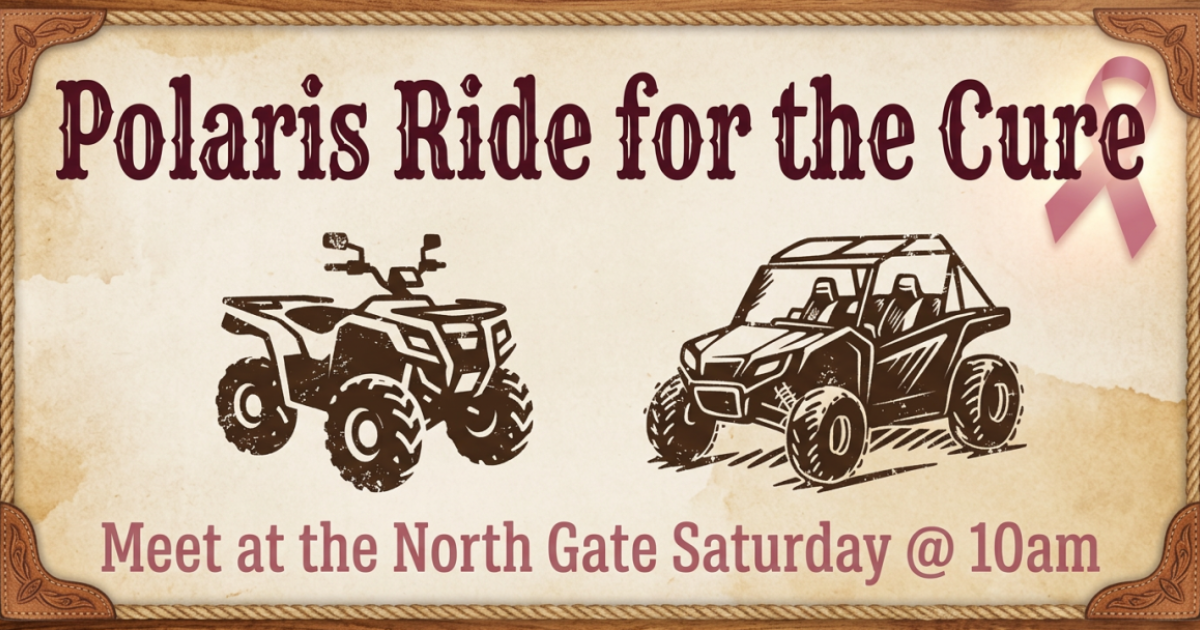Event poster for Polaris Ride for the Cure, featuring illustrations of all-terrain vehicles and a pink ribbon, with details to meet at the North Gate on Saturday at 10 am.