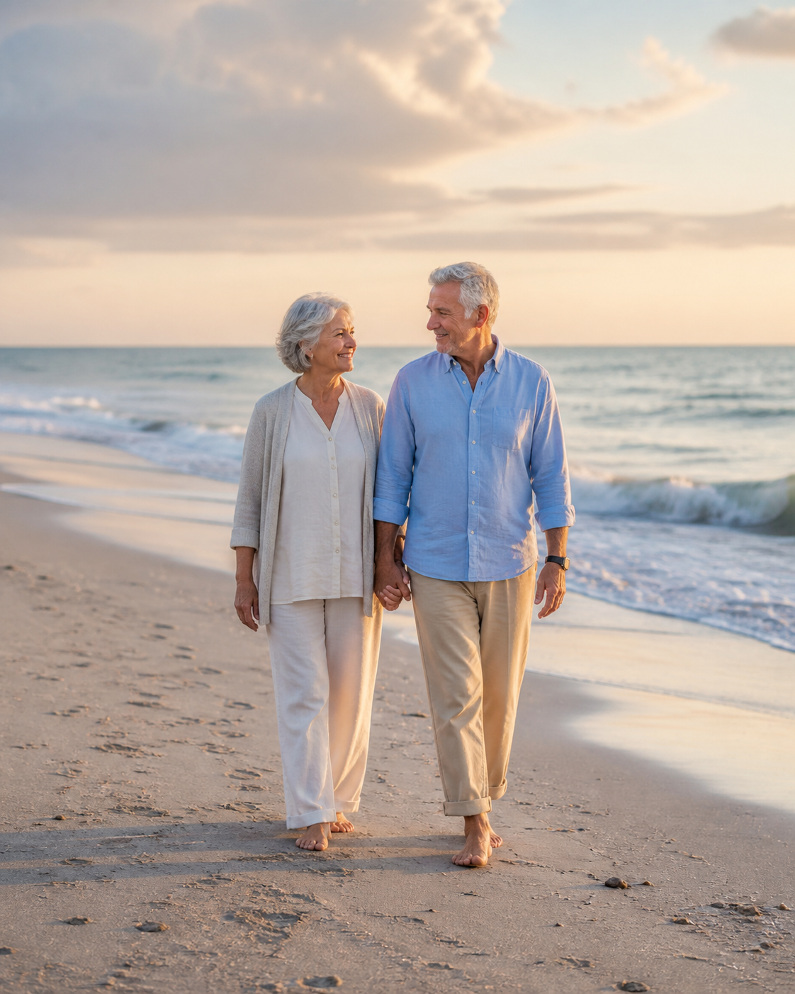 Older couple walking together on a beach with the ocean in the background.