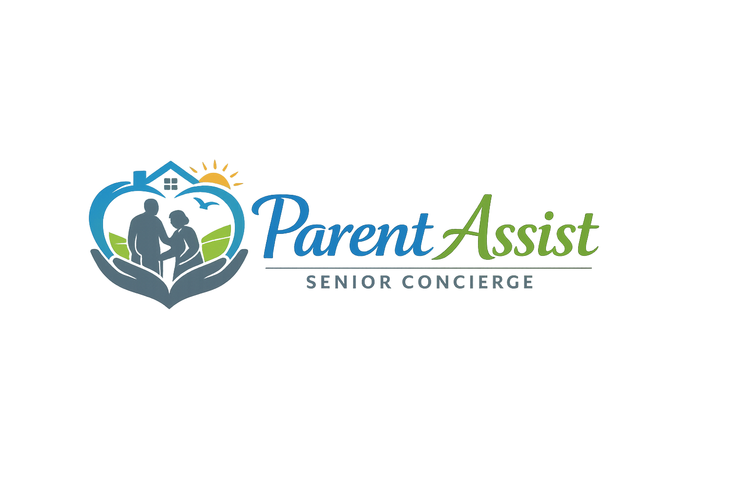 Sign for the Parent Assist Senior Conference featuring two hands holding a house with a sun and trees, and silhouettes of two people inside a heart shape.