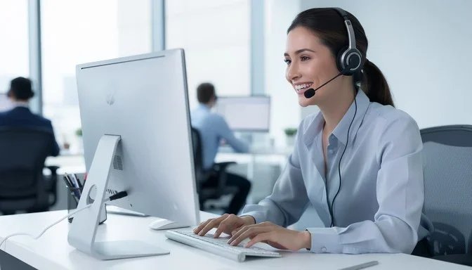 A woman wearing a headset sitting at a desk in an office, working on a computer and smiling.