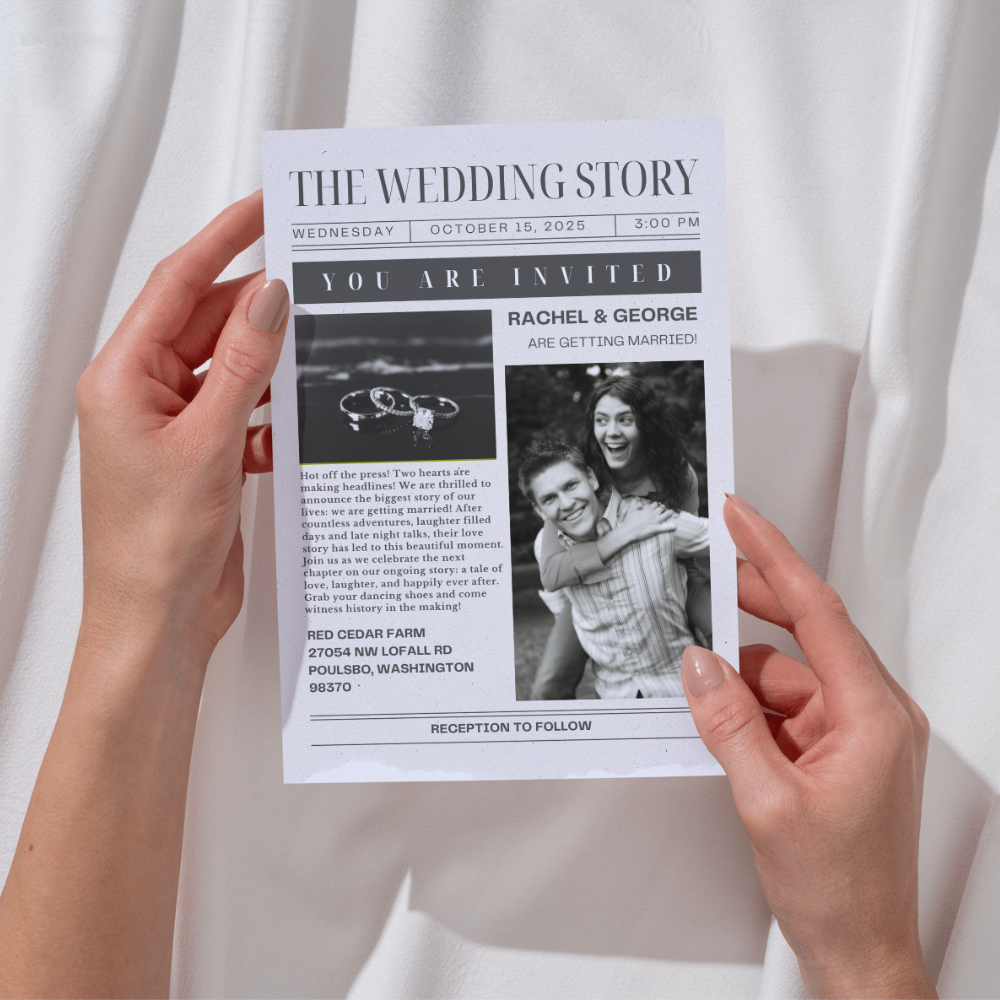 A wedding invitation flyer for Rachel and George with details about their wedding on October 15, 2025, at 3:00 PM, including a photo of the couple and an image of wedding rings.