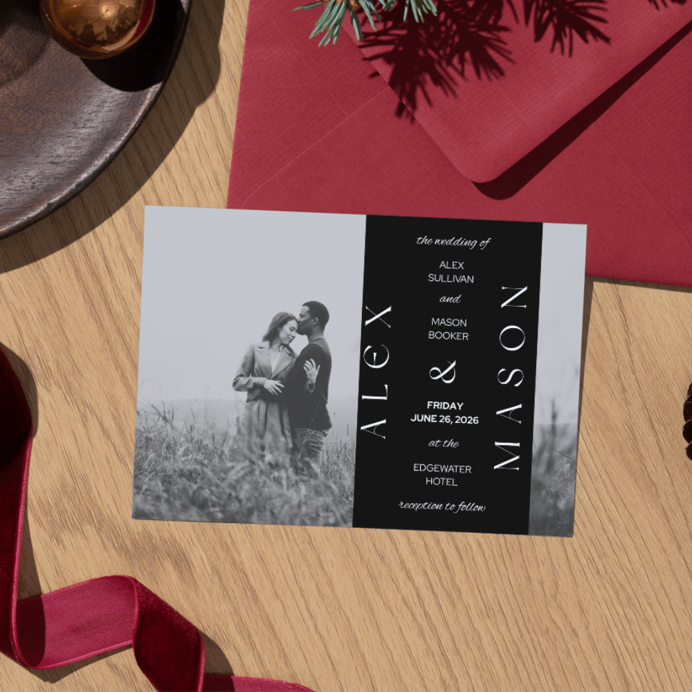 Wedding invitation card featuring a black-and-white photo of a couple, with details about their wedding date and location.