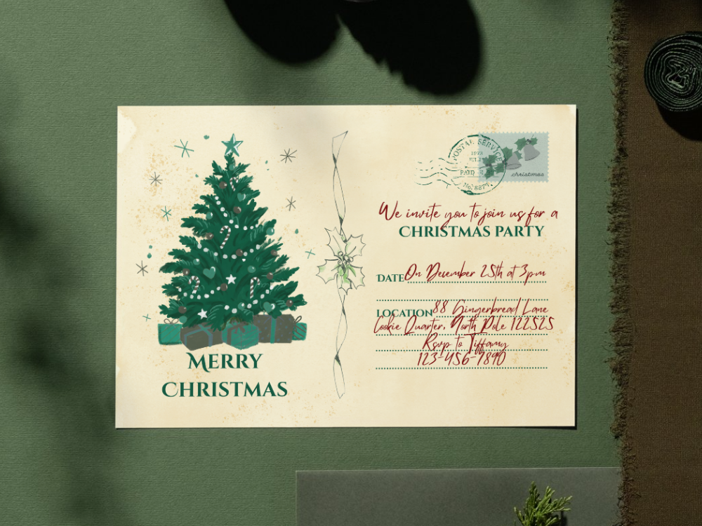 A Christmas invitation card with a decorated Christmas tree illustration, surrounded by presents, and festive accents. The card reads 'Merry Christmas' and includes the event details handwritten, inviting to a Christmas party on December 25th at 3 pm.
