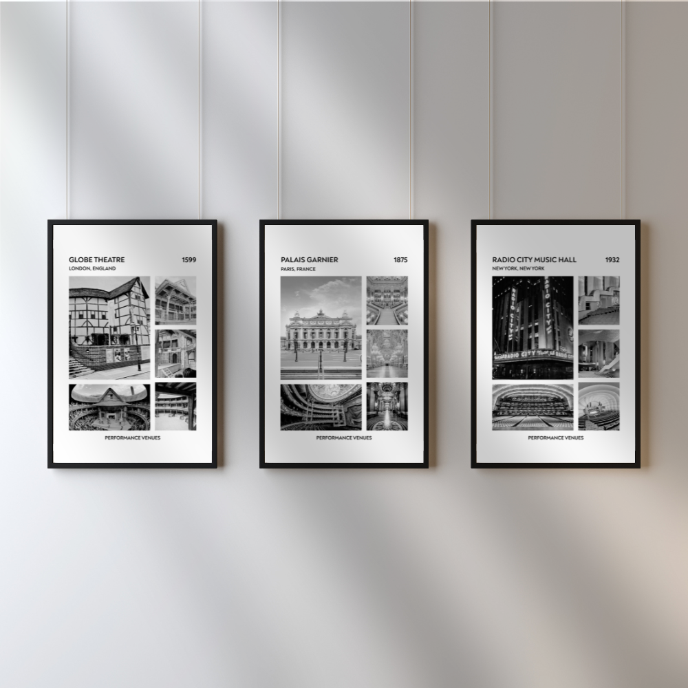 Three framed black-and-white posters on a gallery wall, featuring architectural and performance venues with details about their history and location.