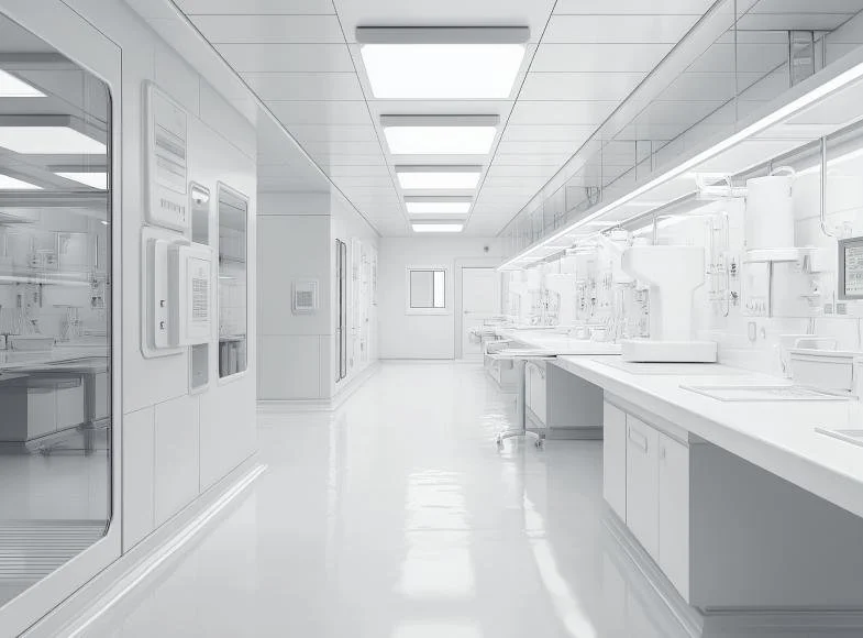 A clean, sterile laboratory with white countertops, equipment, and cabinets, illuminated by bright ceiling lights.