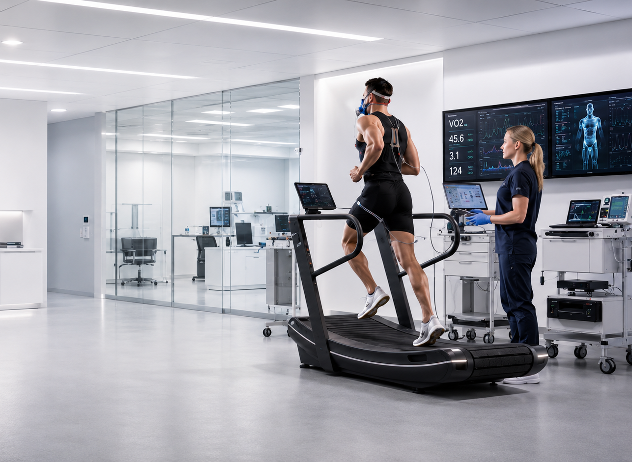 A man running on a treadmill in a modern medical research lab while a healthcare professional monitors his vitals on a tablet and screens