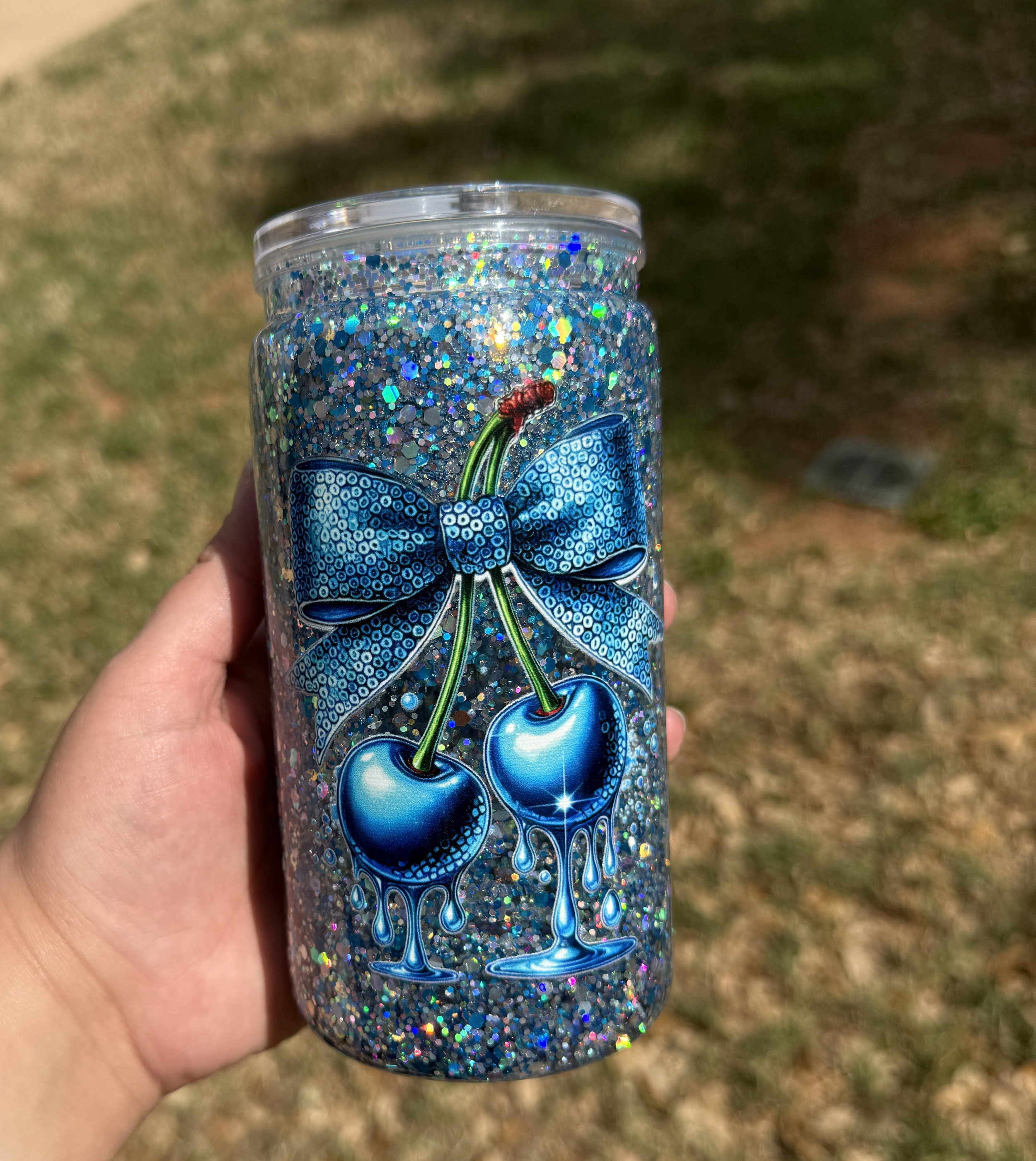 16oz Snowglobe Tumbler-Blue Cherries