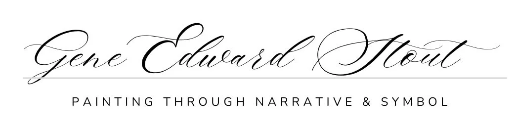 Elegant script of the name 'Gene Edward Mout' with a subtitle 'Painting Through Narrative & Symbol' in a modern typeface.