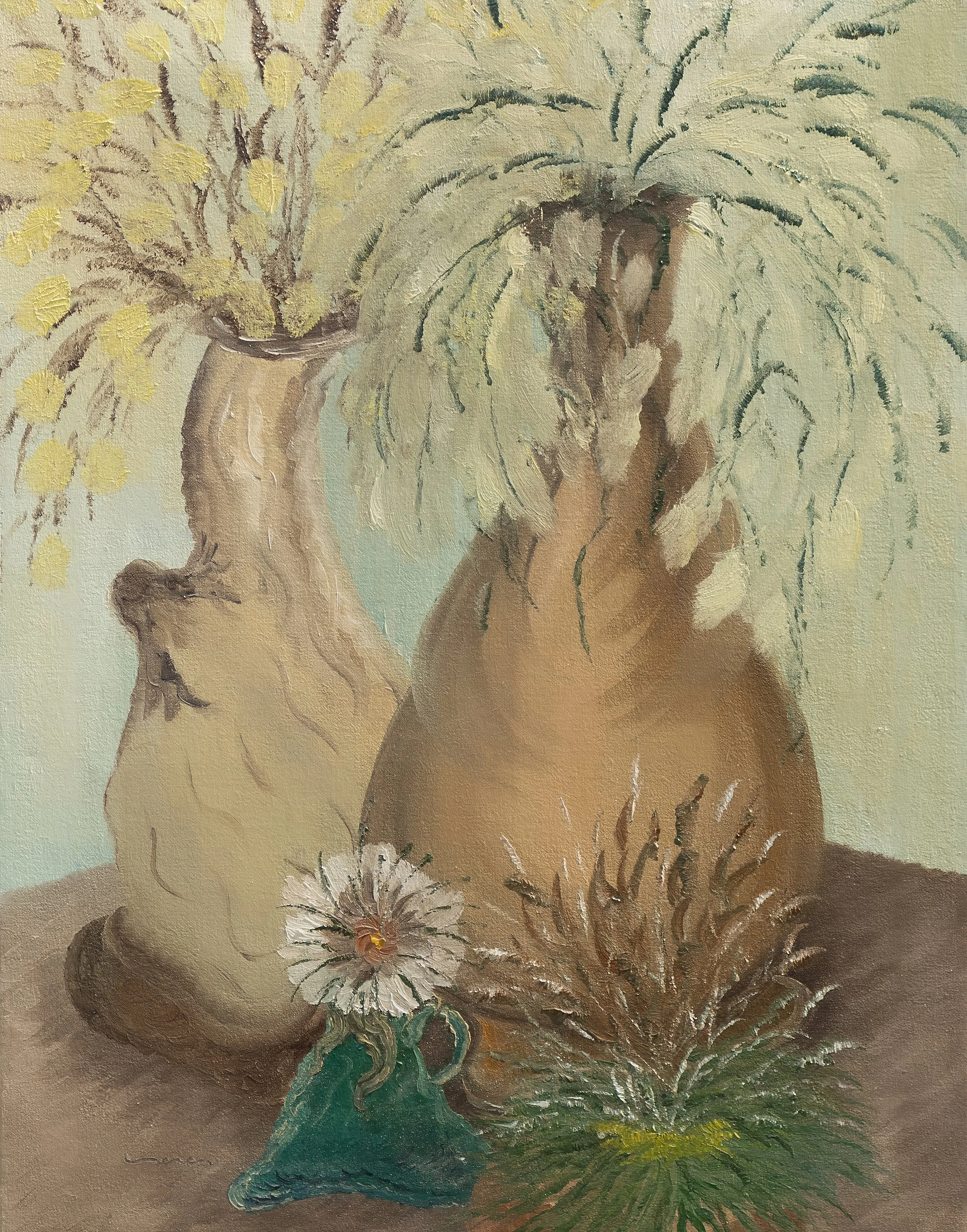 A still life painting of three vases filled with flowers, including yellow, white, and green foliage, with a small flower in a green vase in front.