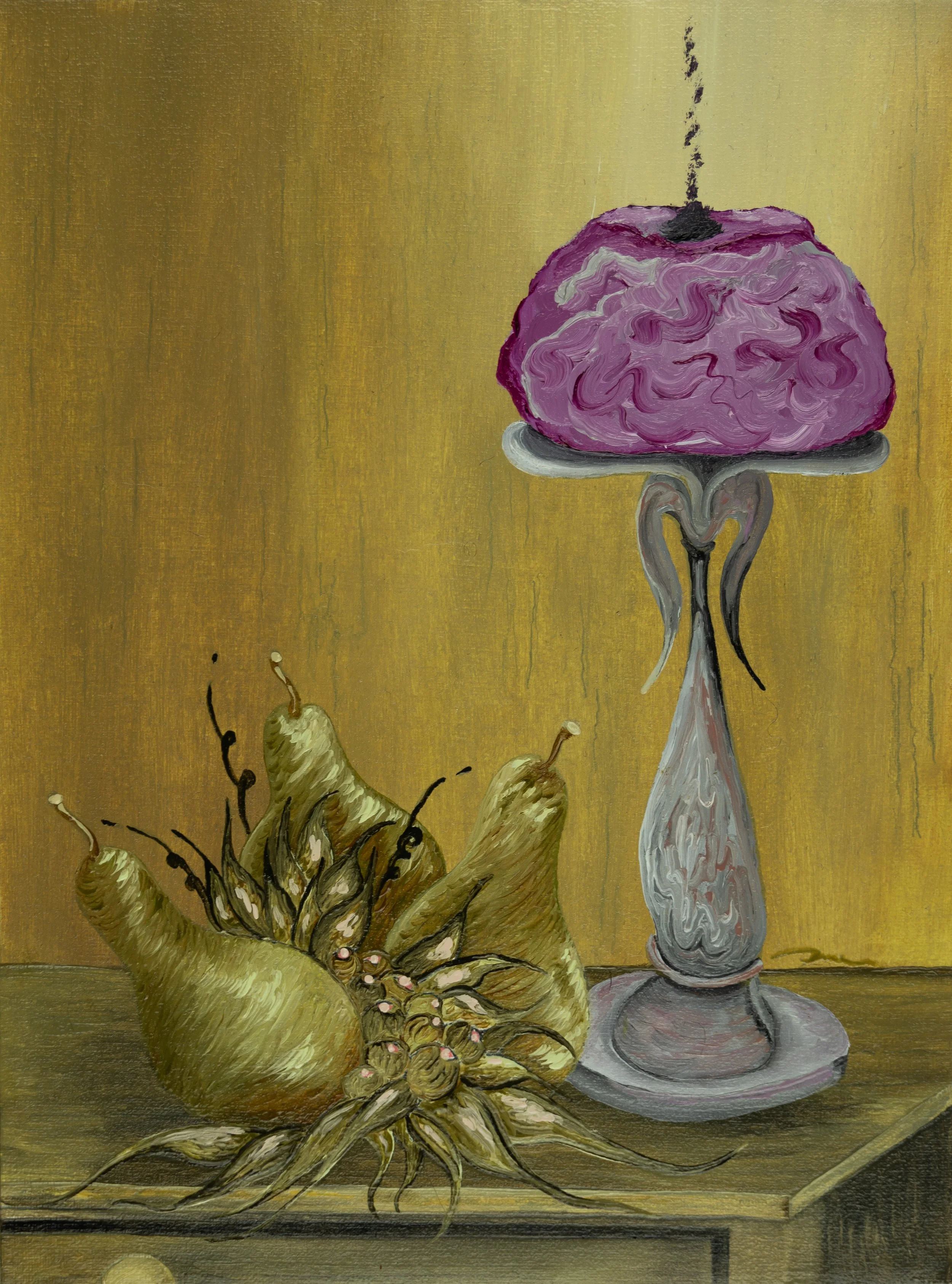 A still life painting featuring a decorative stand with a pink, textured cake on top, alongside a burst of yellowish-green plant or flower on a wooden surface, against a muted yellow background.