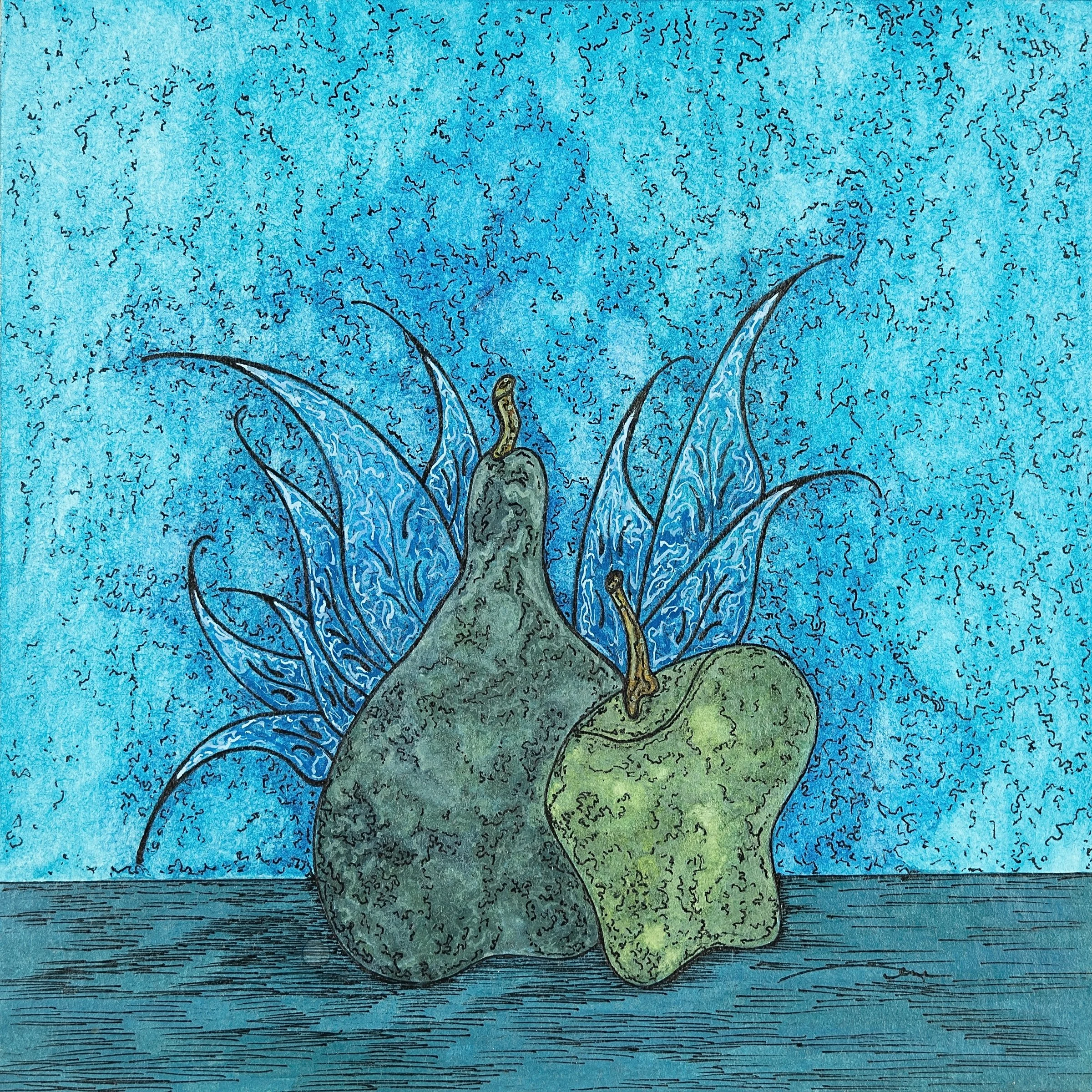 A digital illustration of two pears, one whole and one cut in half, with decorative leaves and a textured blue background.