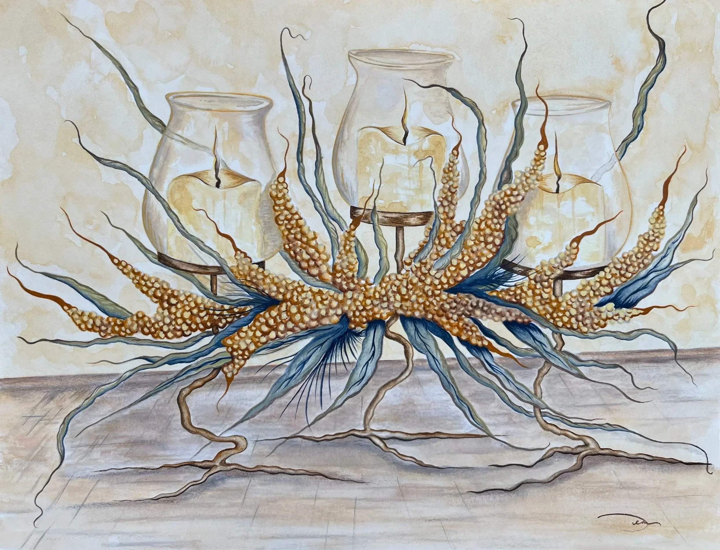 A watercolor painting of several large glass vases surrounded by an intricate arrangement of curly, elongated, multicolored branches and berries. The background is a muted cream color.