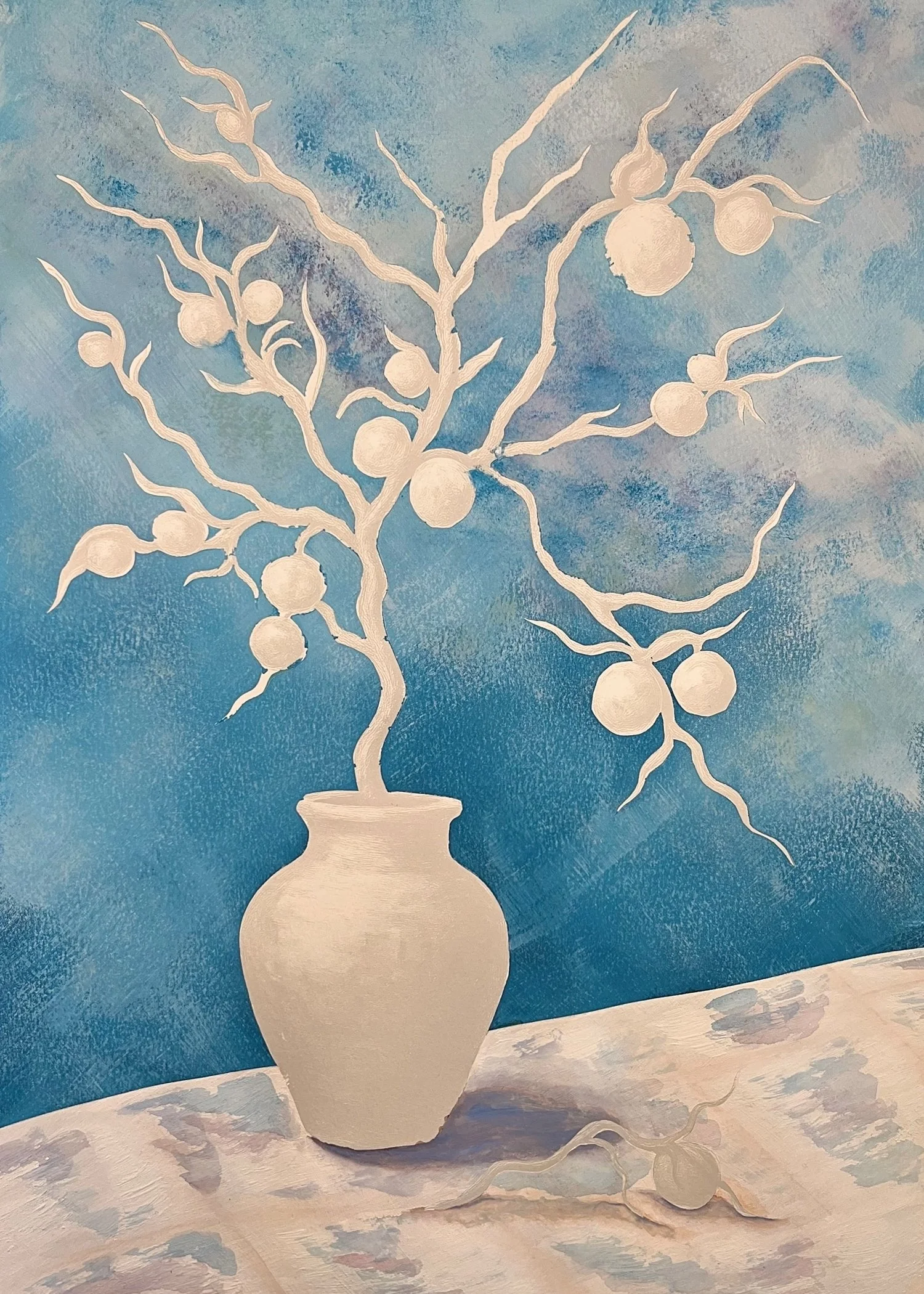 Painting of a white, leafless tree with round fruit in a white vase against a blue background.