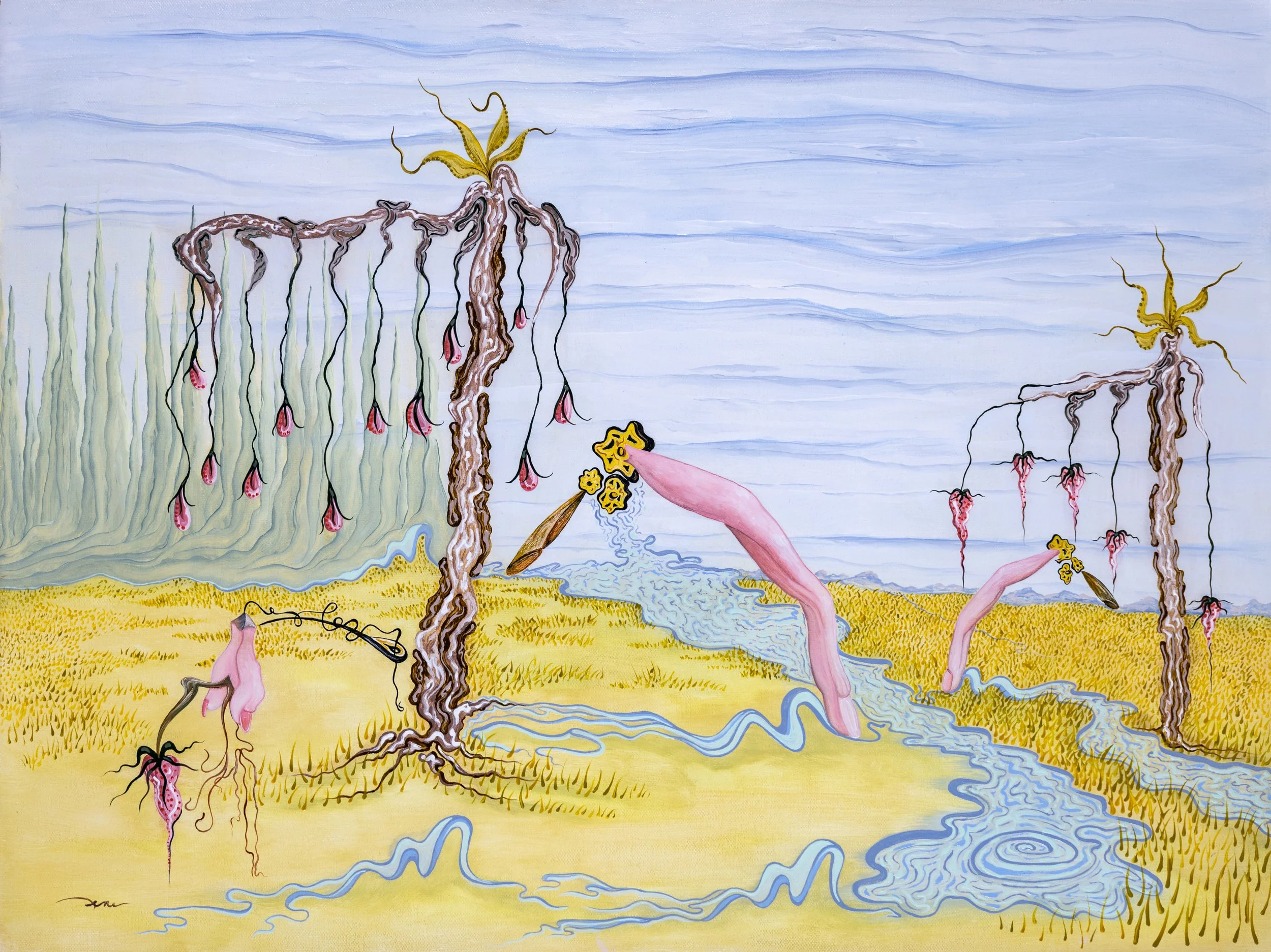Abstract landscape painting featuring tall, twisted trees with pink, drooping flowers, some with yellow star-shaped blossoms, a yellow grassy ground, winding streams, and a cloudy sky.