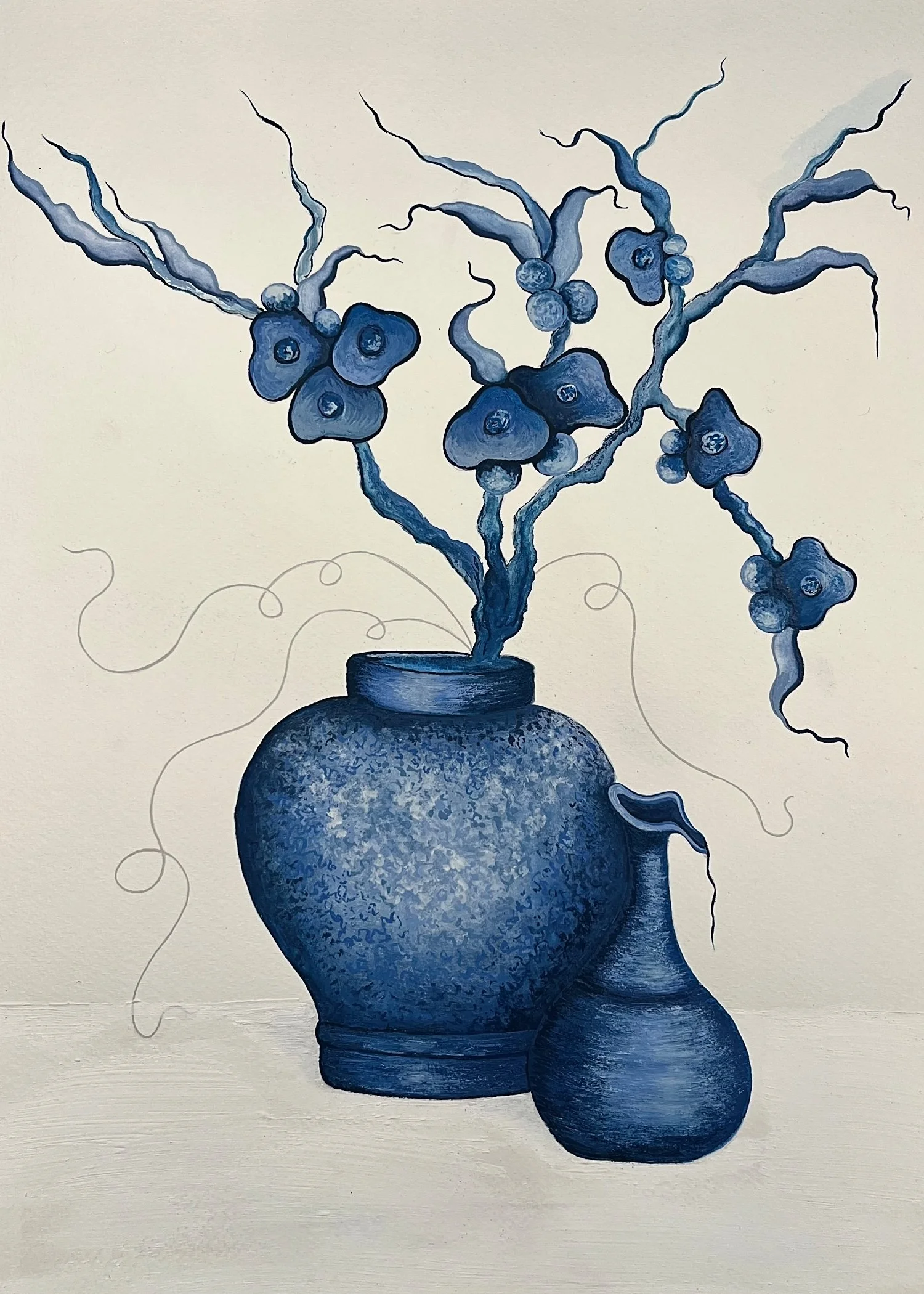 A painting of blue flowers with twisting branches arranged in two vases, one large and textured and one small, against a light background.