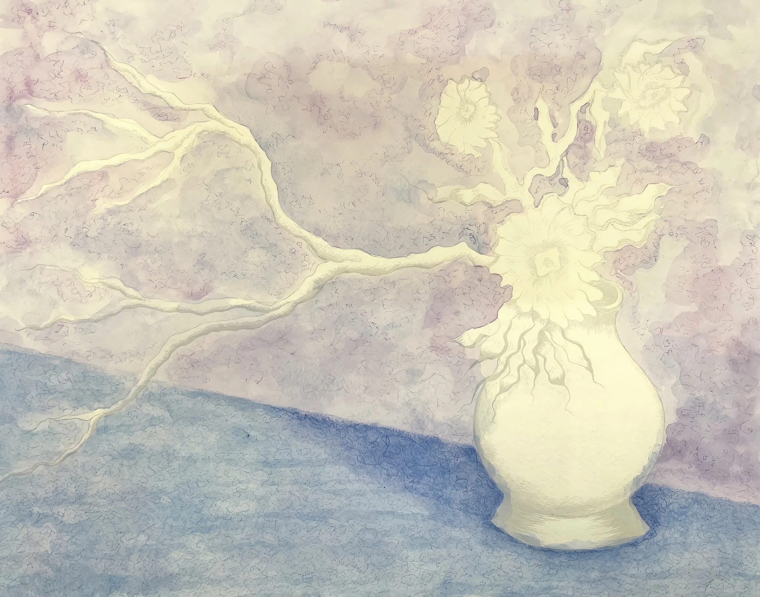 A still life image of a light-colored vase with flowers, placed on a surface with a colorful and textured background.