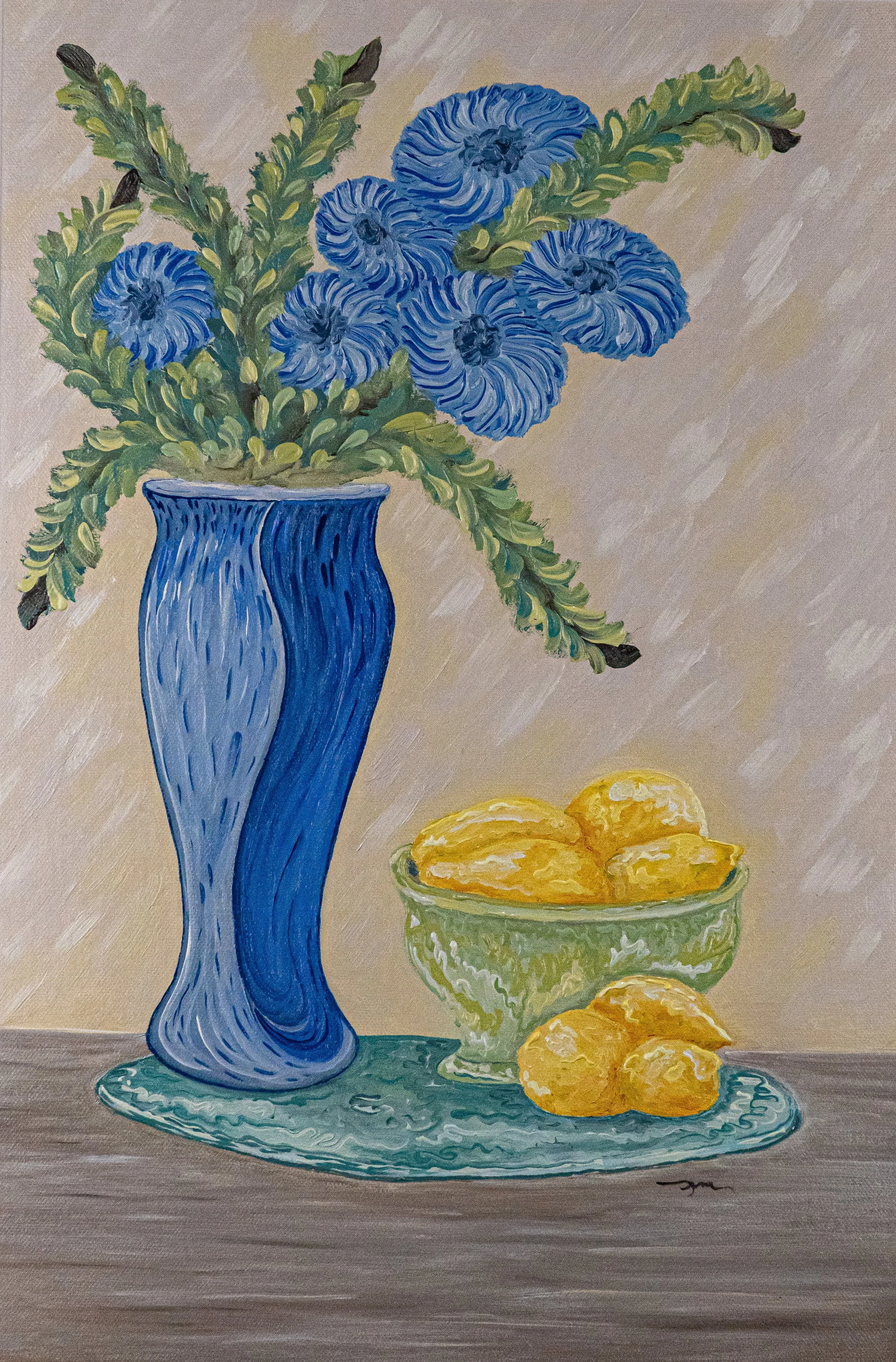 Painting of a blue flower vase with green leaves and blue flowers, next to a bowl of yellow fruit and a plate of yellow fruit on a table.