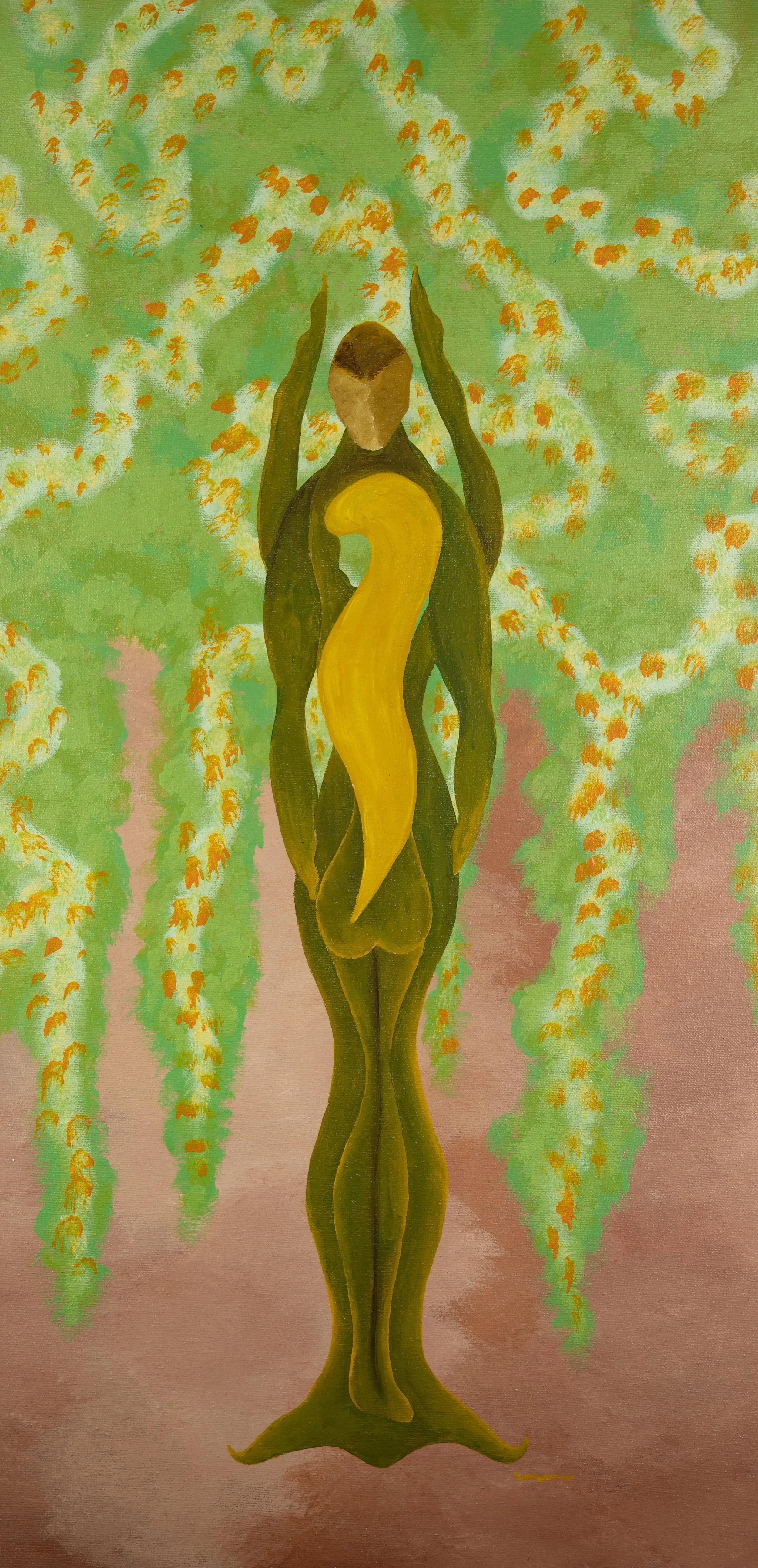 Abstract painting of a slender human figure with elongated limbs, a beige face, and a yellow and dark green body, surrounded by green and orange hanging foliage.