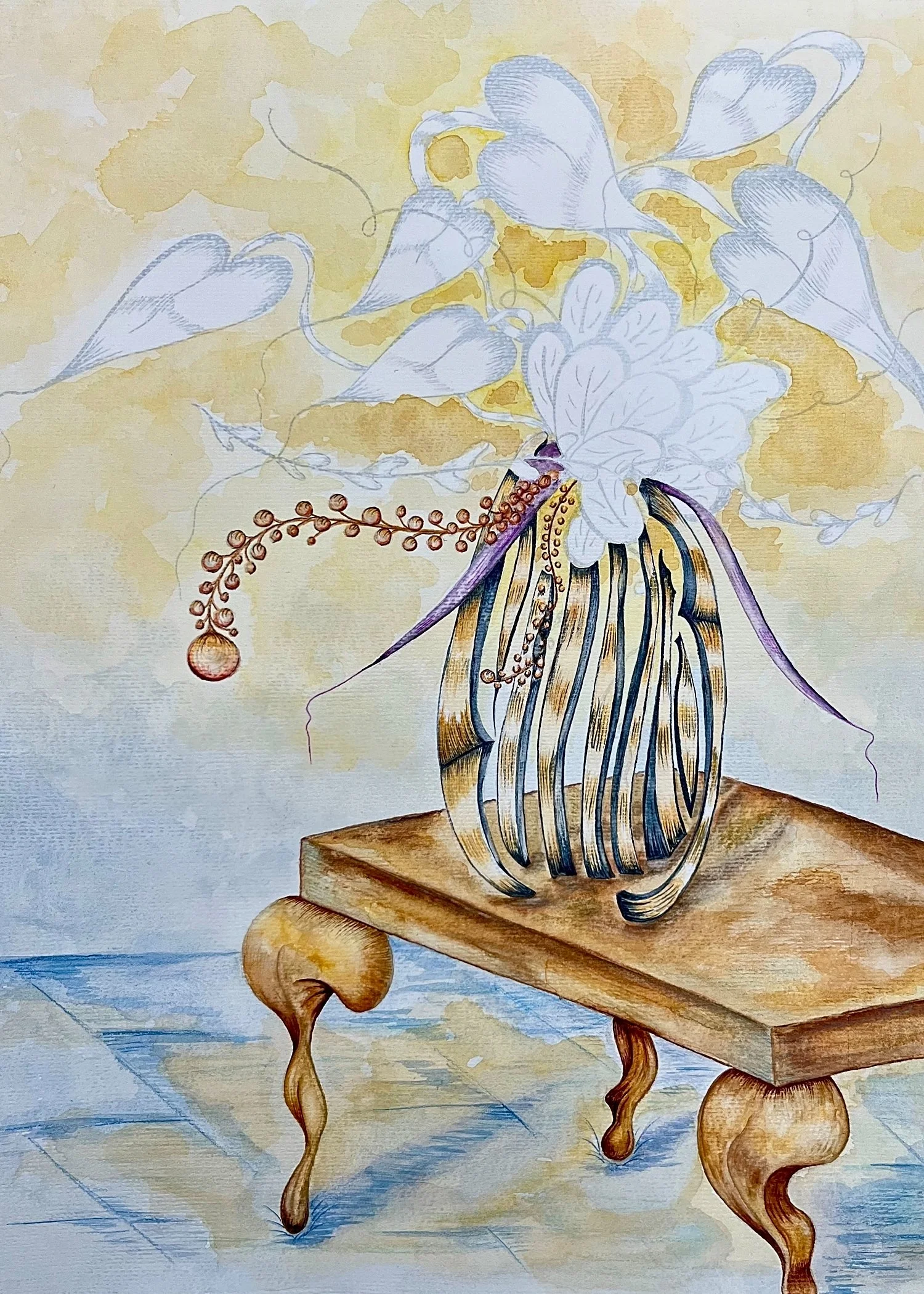 A watercolor painting of a floral arrangement in a striped vase on a wooden table, with a background of abstract leaves and clouds.